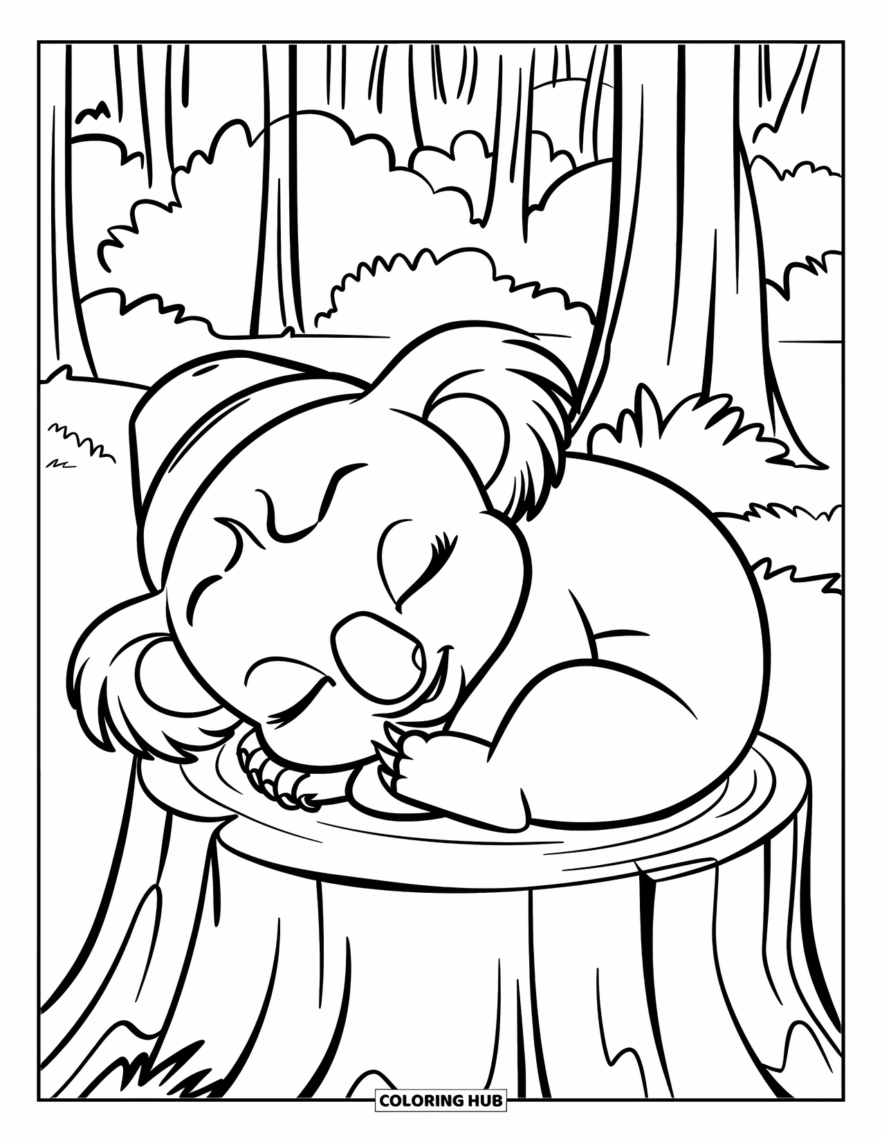 Baby Koala Coloring Page for Kids: A sleeping koala curls up on a stump in a forest wearing a tiny hat
