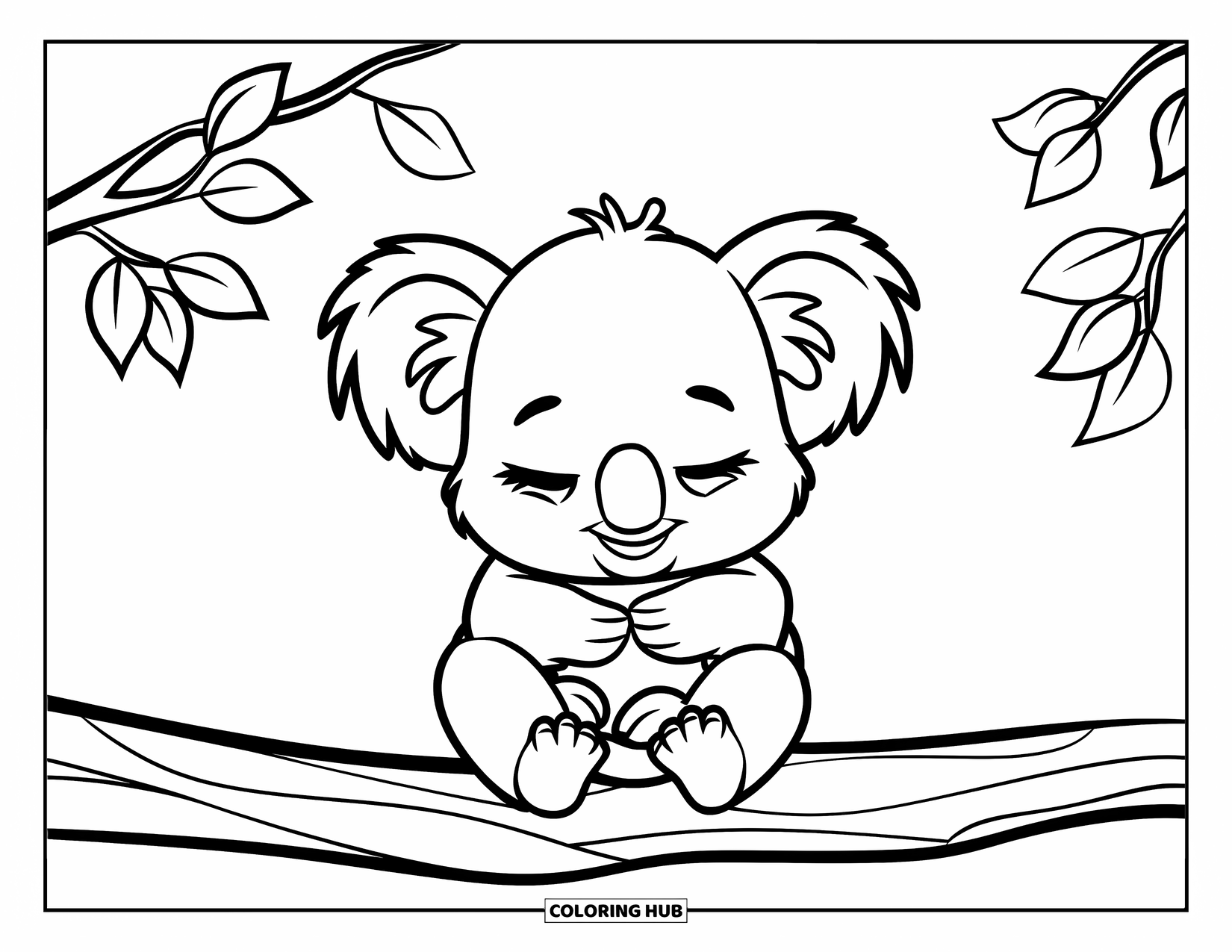 Baby Koala Coloring Page for Kids: A sleepy baby koala sits on a branch holding leaves in a peaceful setting