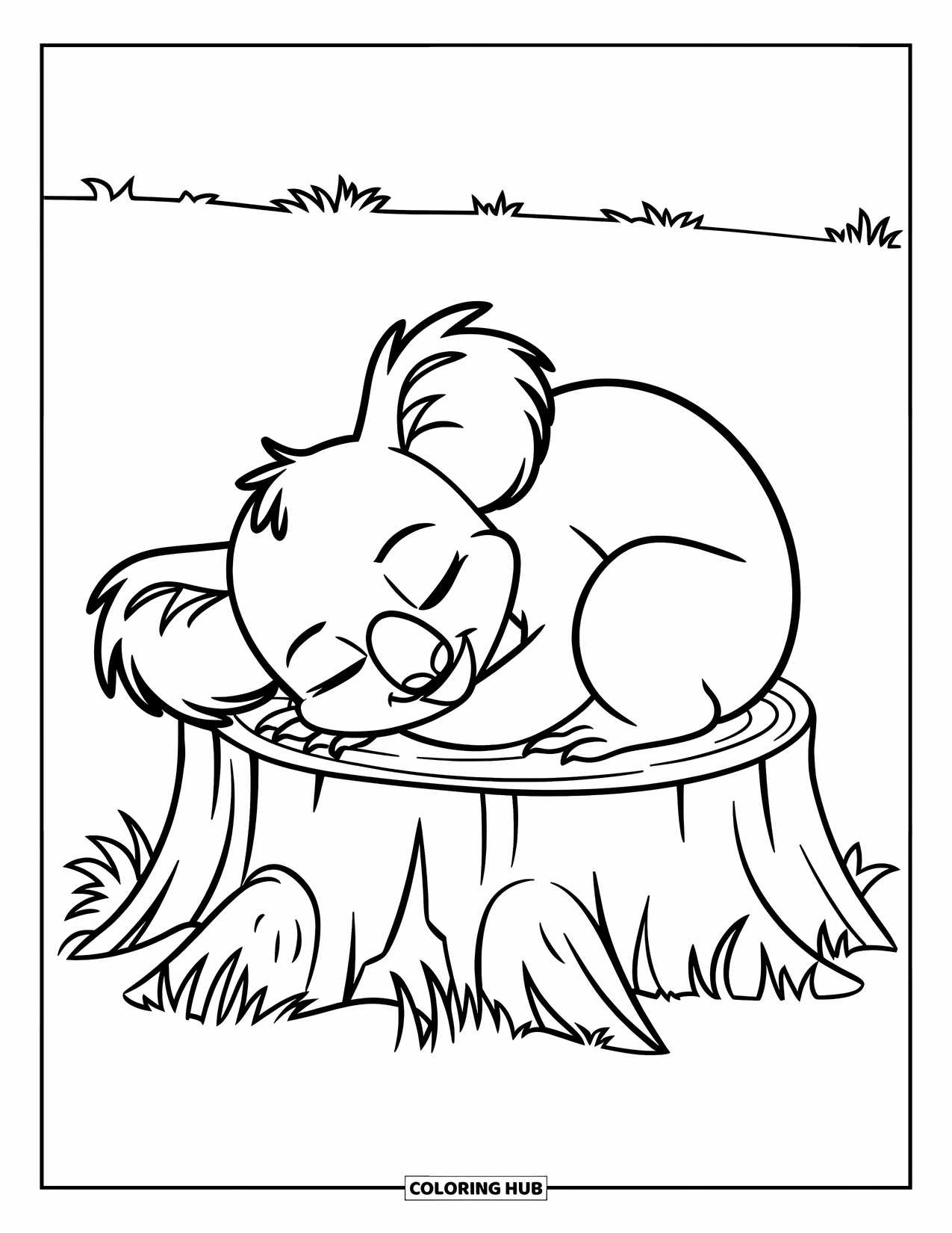 Baby Koala Coloring Page for Kids: A sleepy koala rests on a round stump in a quiet grassy field