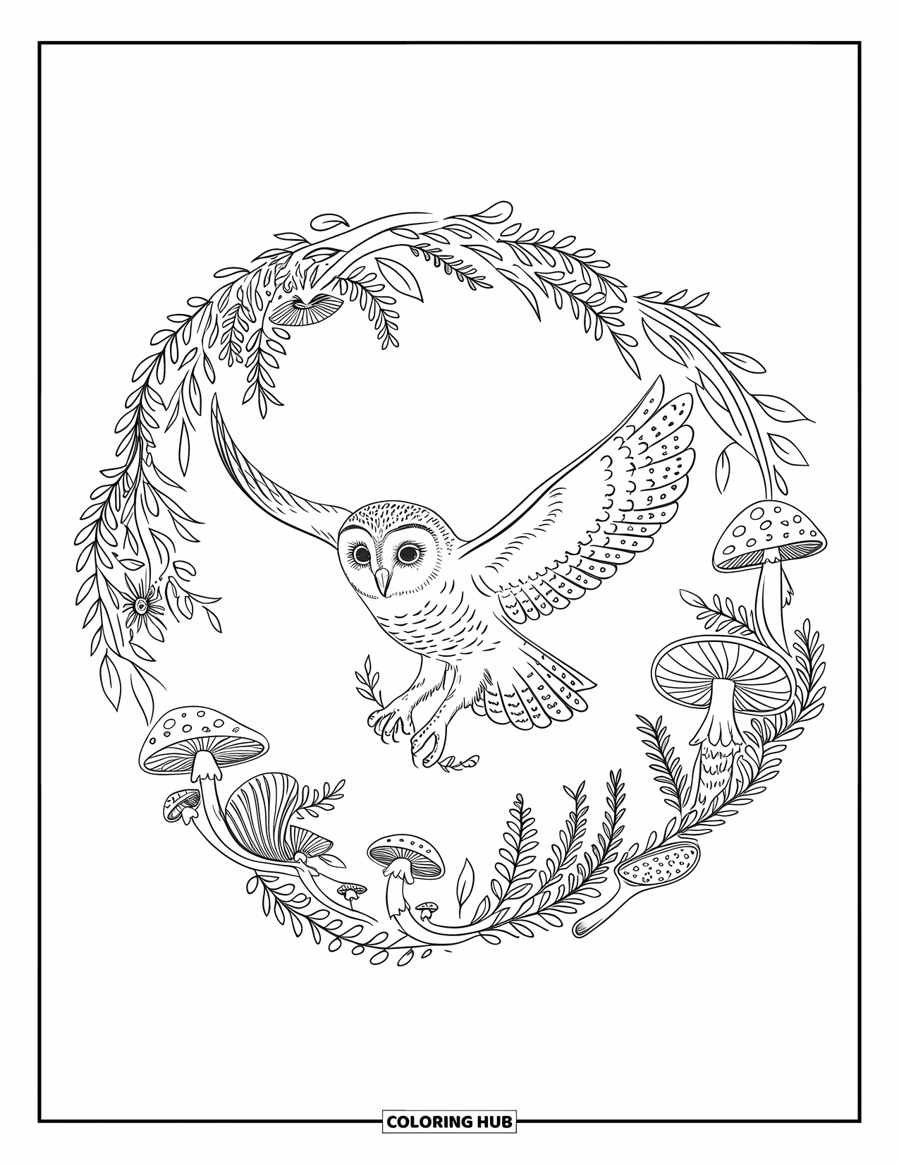 Baby Owl Coloring Page for Adults: Baby owl carries a twig while flying inside a leafy, mushroom-filled mandala