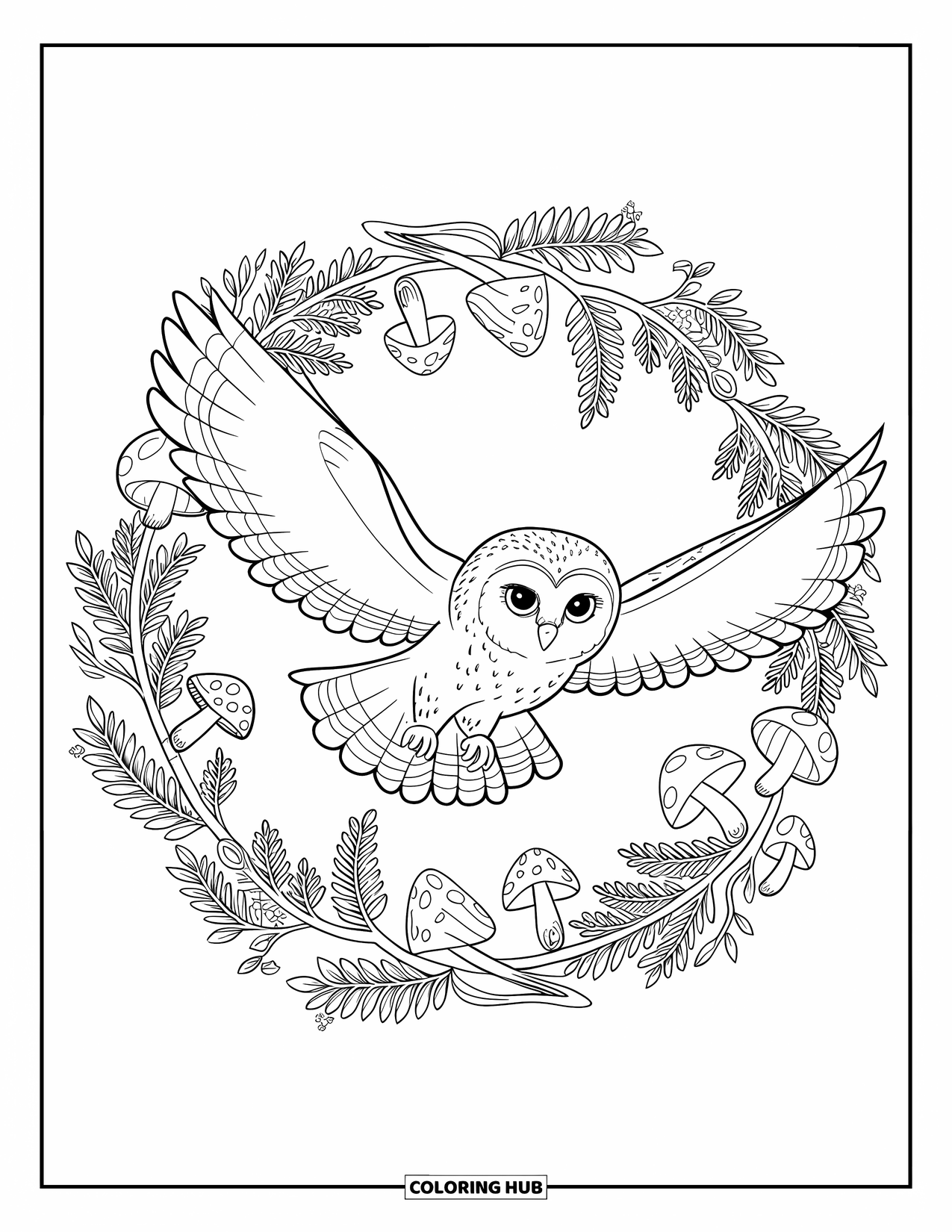 Baby Owl Coloring Page for Adults: Baby owl flies through a floral mandala of mushrooms, ferns, and branches