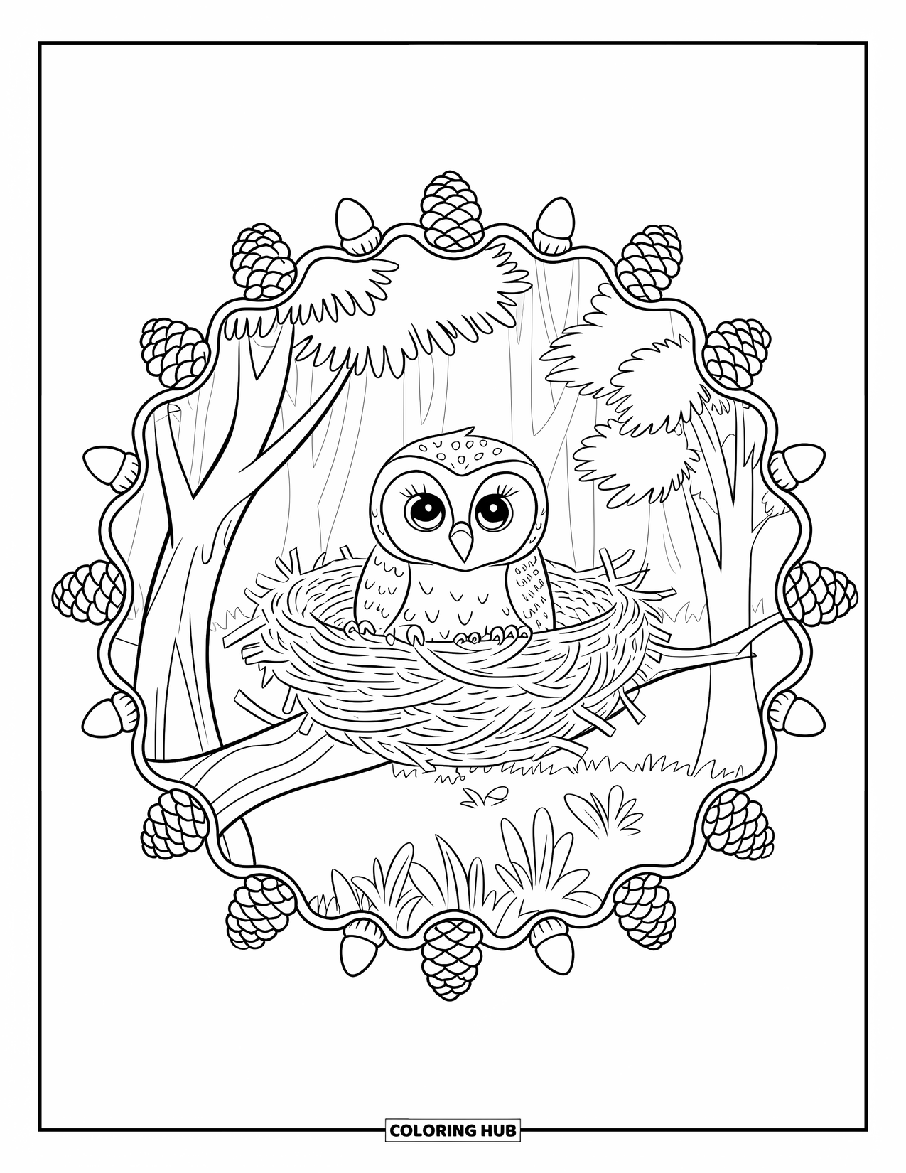 Baby Owl Coloring Page for Adults: Baby owl lies in a twig nest on a tree, framed by pinecones and leaves