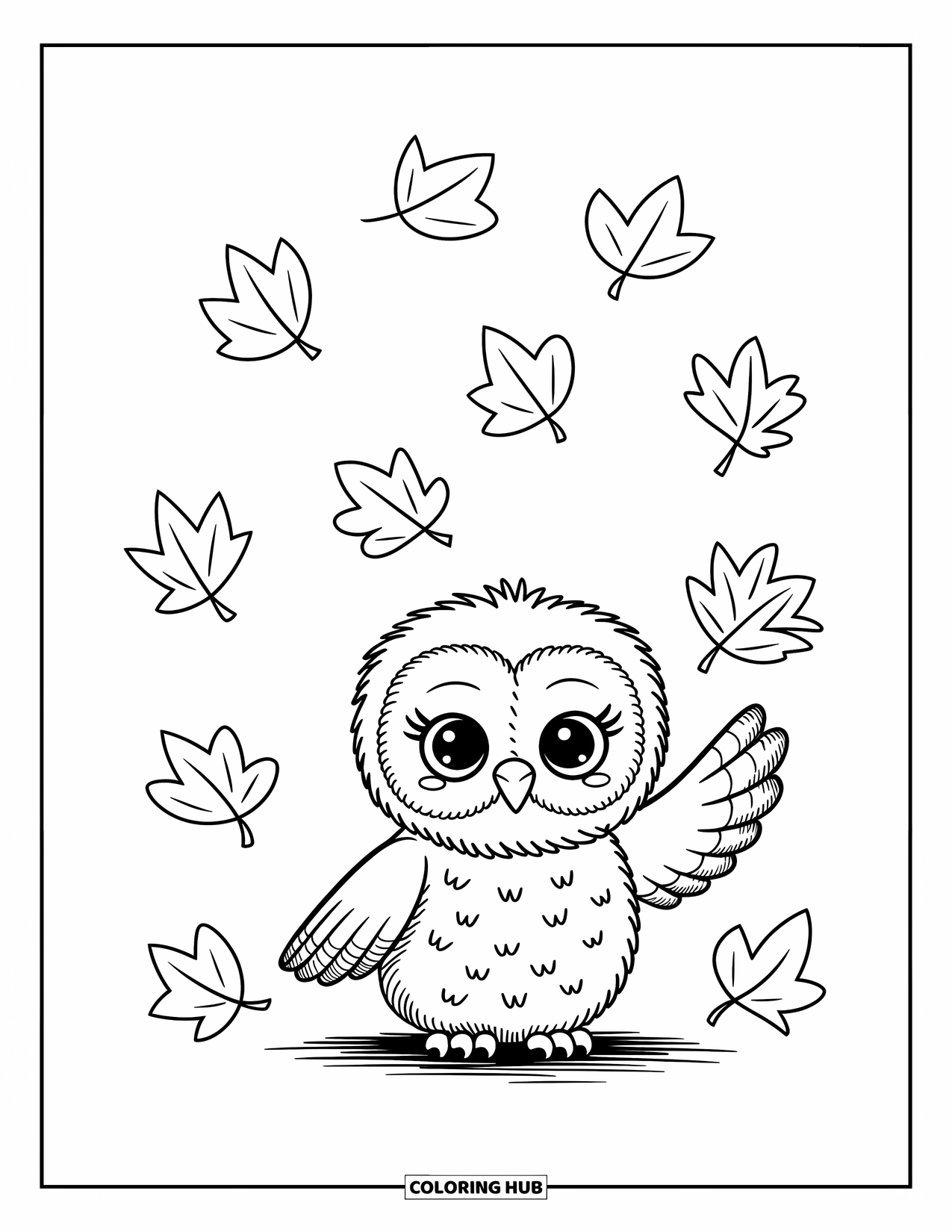 Baby Owl Coloring Page for Adults: Baby owl lifts a wing to catch a falling leaf in a leaf-covered scene