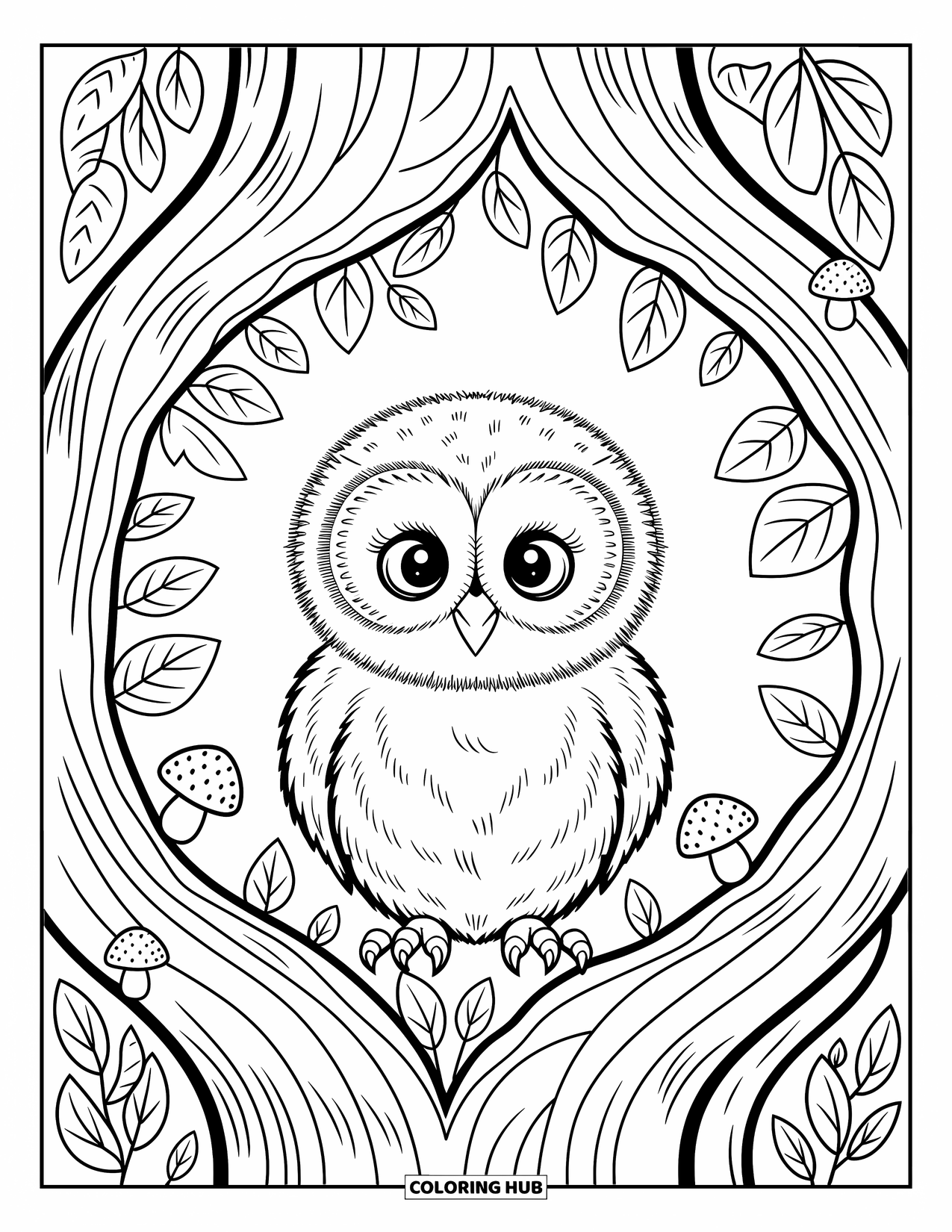Baby Owl Coloring Page for Adults: Baby owl peeks out from a round tree hollow with leaves and acorns around