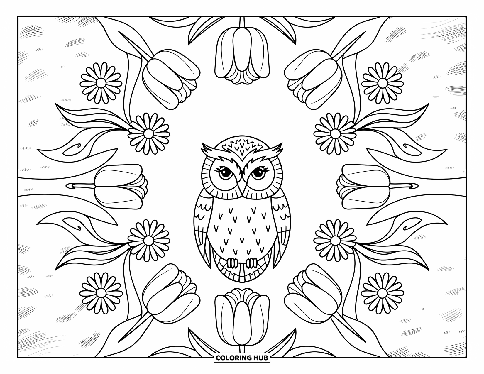 Baby Owl Coloring Page for Adults: Baby owl perches in a floral mandala with tulips, daisies, and swirling leafy shapes