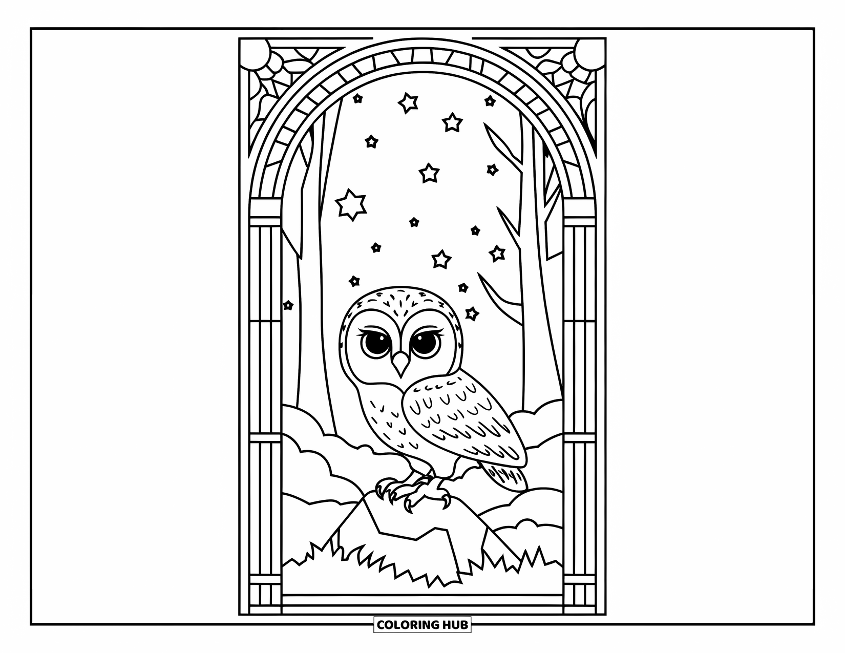 Baby Owl Coloring Page for Adults: Baby owl perches on a rock under the stars within a stained-glass forest arch