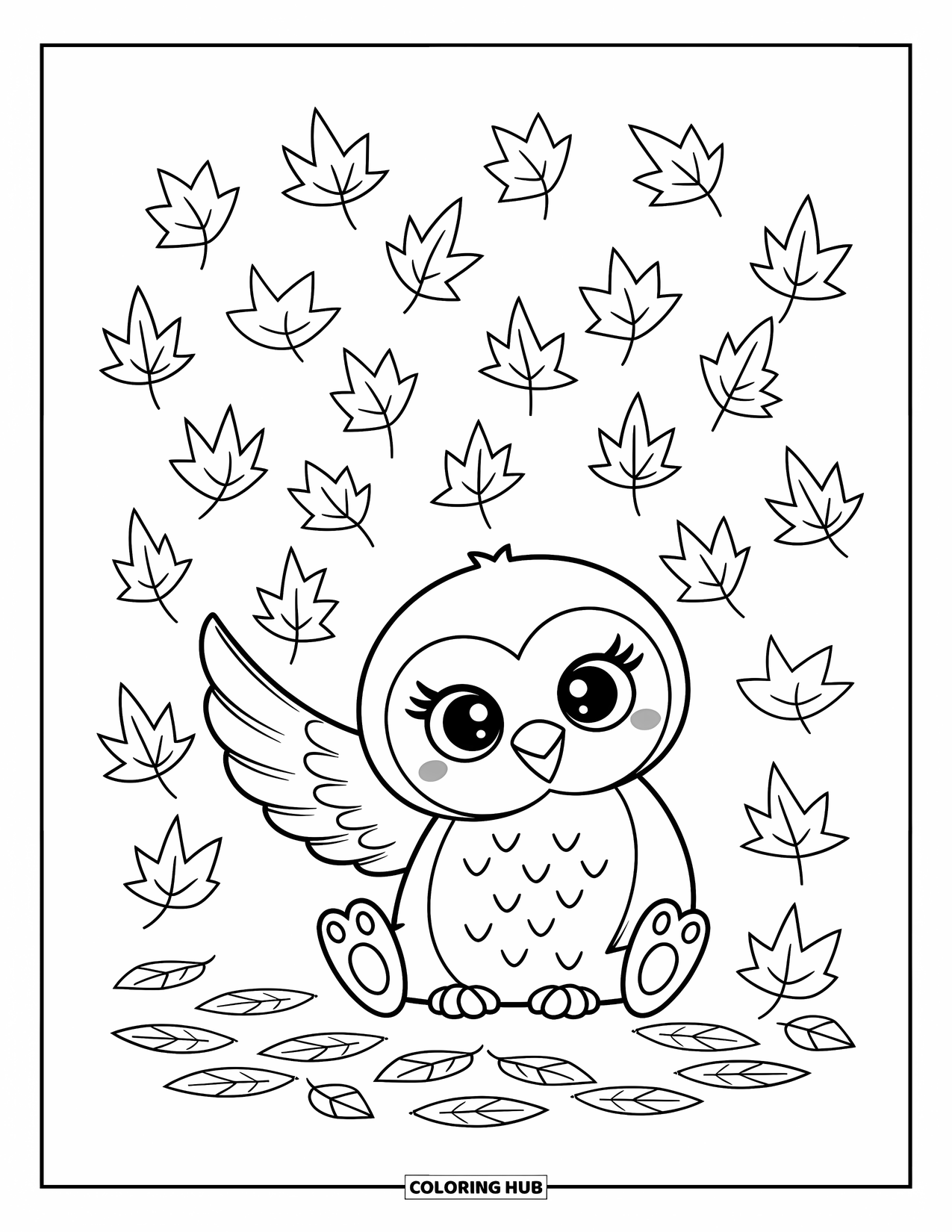 Baby Owl Coloring Page for Adults: Baby owl reaches out to catch a leaf as more drift softly to the ground