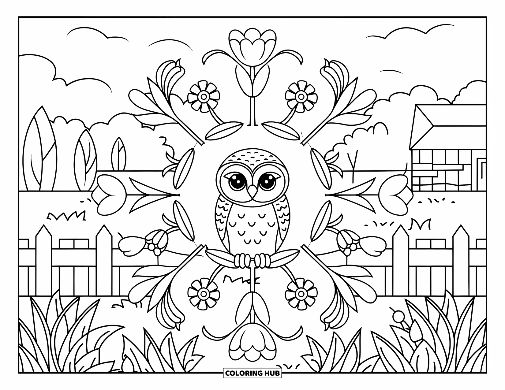 Baby Owl Coloring Page for Adults: Baby owl rests in a floral pattern with trees, a fence, and a cozy countryside