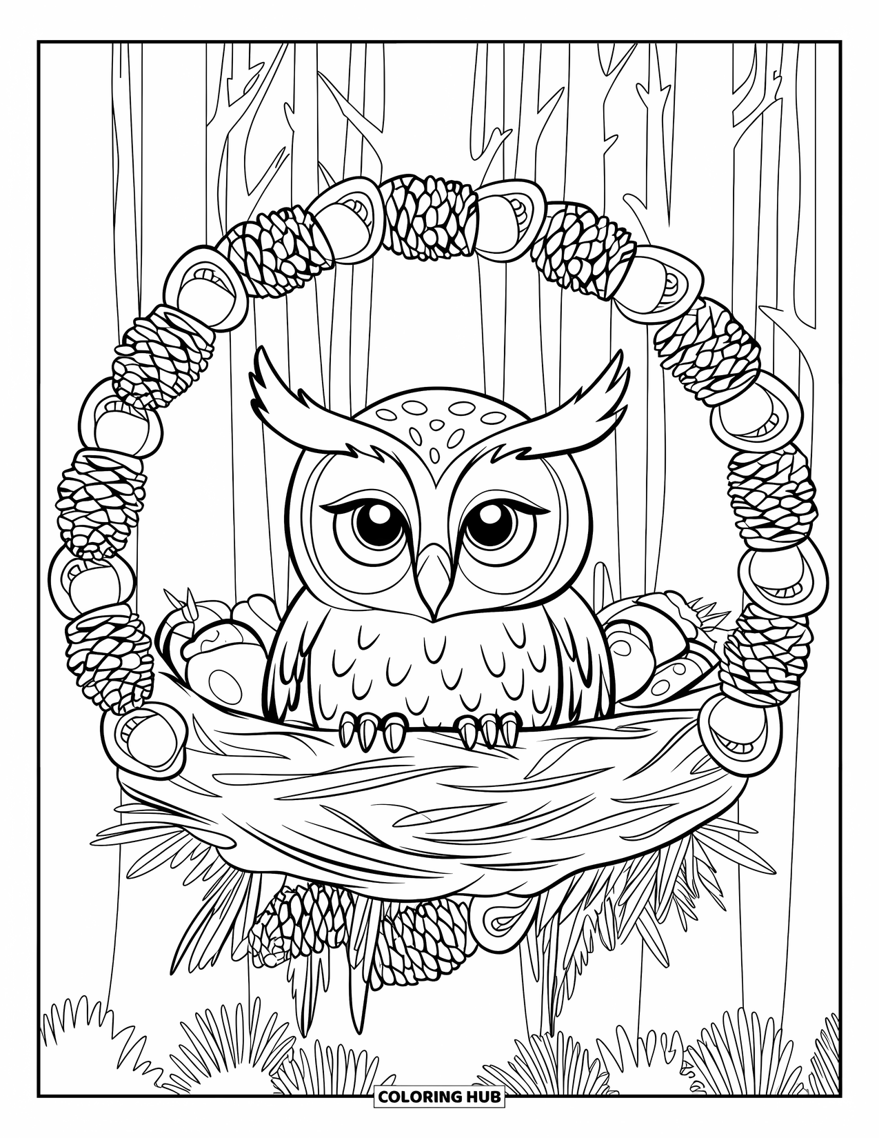 Baby Owl Coloring Page for Adults: Baby owl rests in a nest with a circular frame of pinecones and tall trees