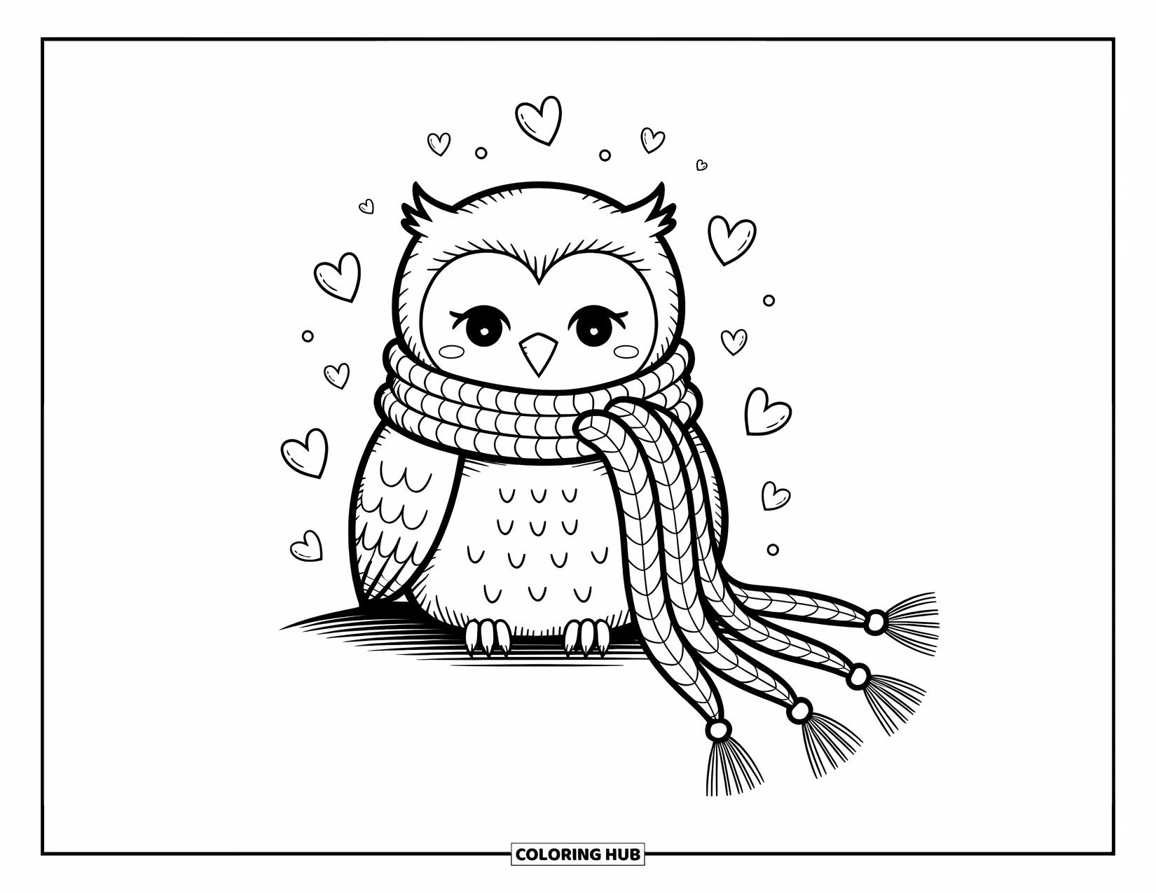 Baby Owl Coloring Page for Adults: Baby owl sits calmly in a scarf with hearts and dots in the background