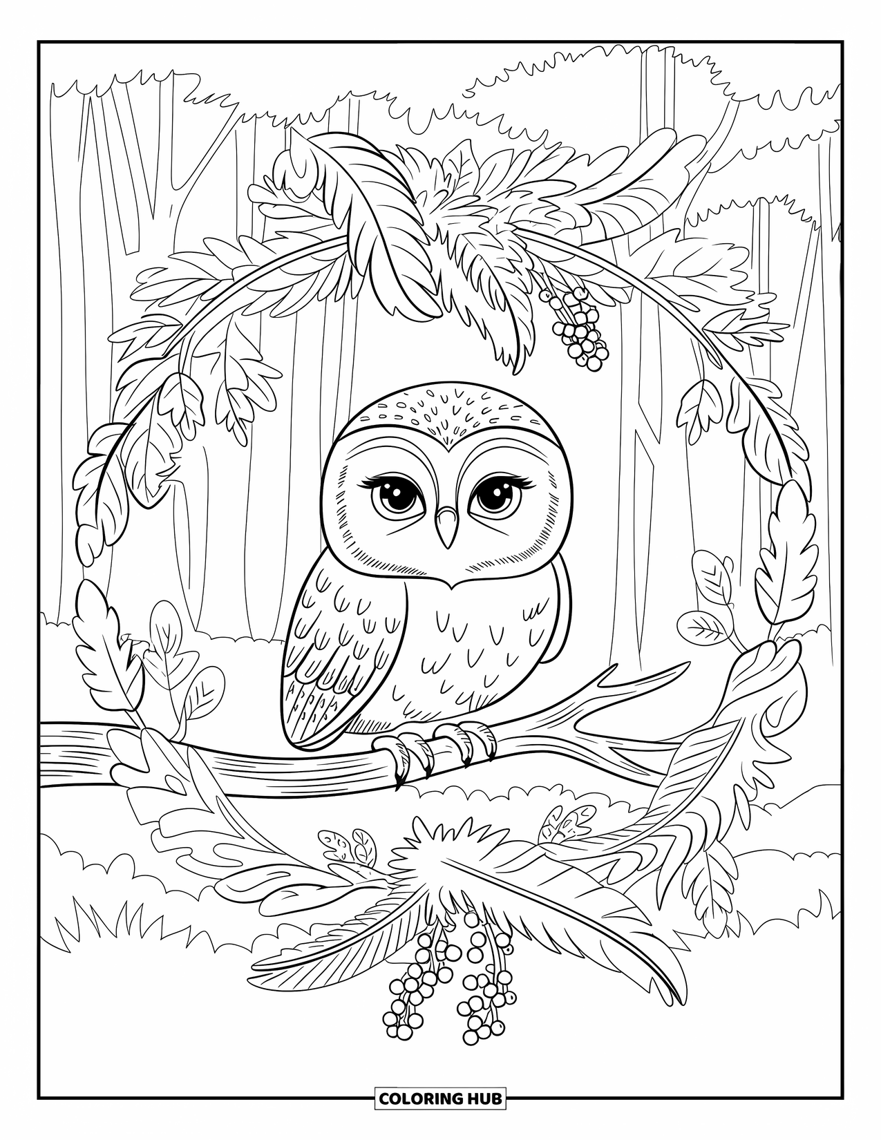 Baby Owl Coloring Page for Adults: Baby owl sits on a branch inside a botanical mandala of leaves and feathers