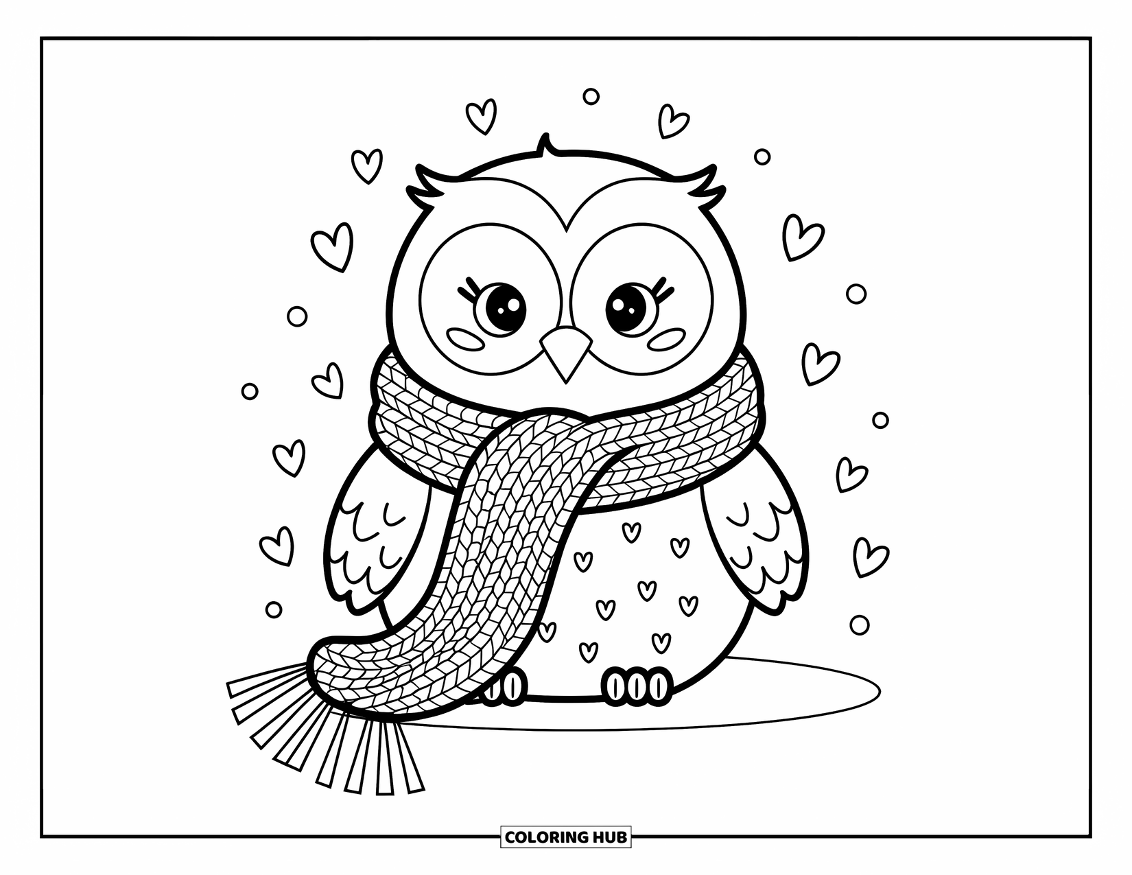 Baby Owl Coloring Page for Adults: Baby owl snuggles in a scarf while tiny hearts and dots float nearby