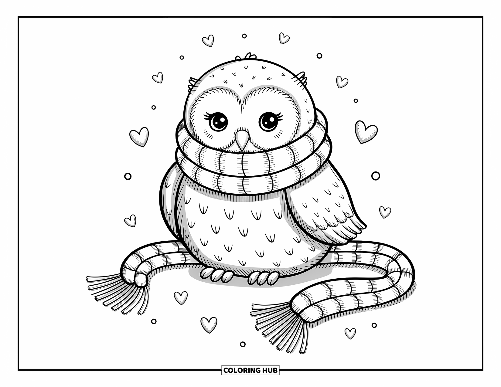 Baby Owl Coloring Page for Adults: Baby owl wears a scarf and sits still with hearts and dots floating around