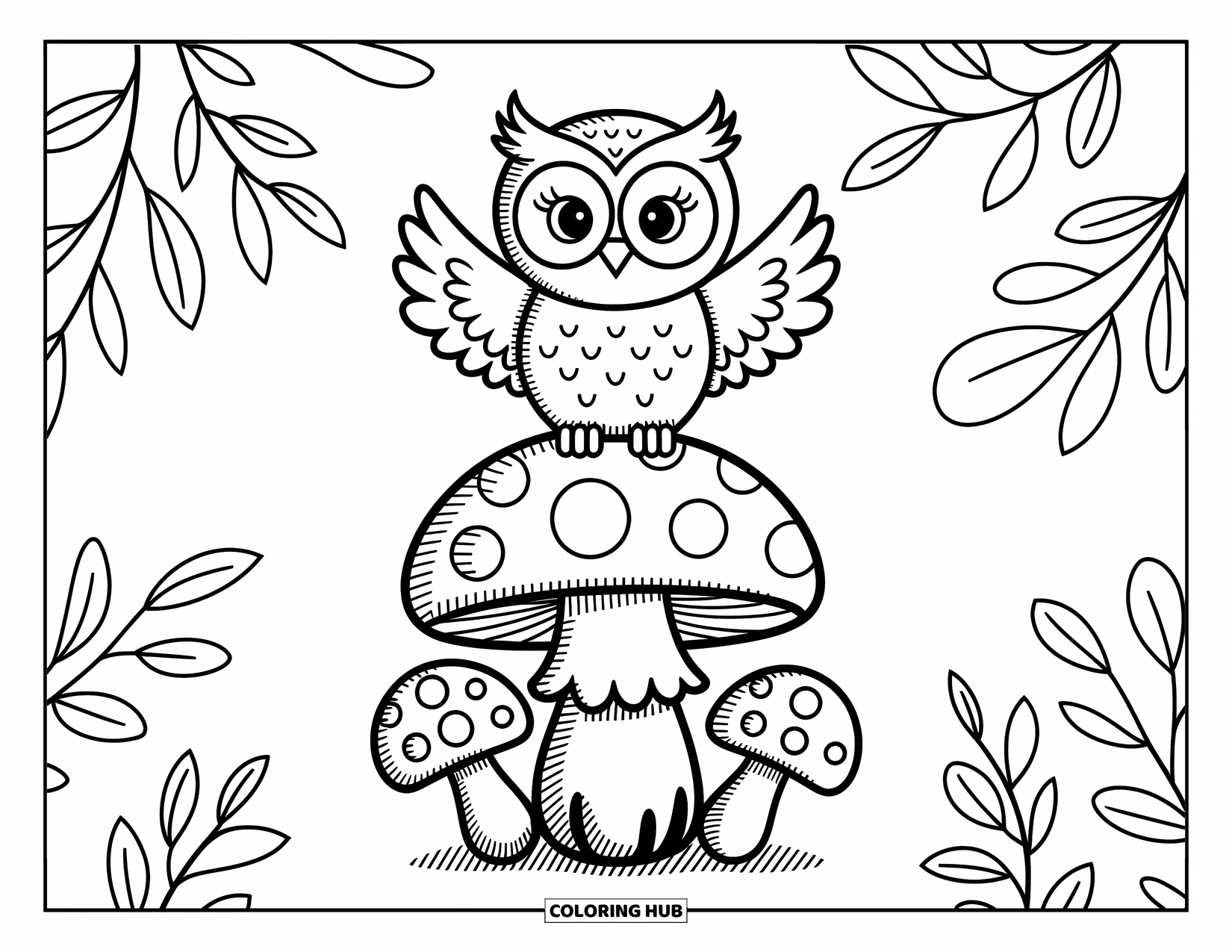 Baby Owl Coloring Page for Adults: Baby owl with open wings sits on a soft-spotted mushroom in a whimsical forest