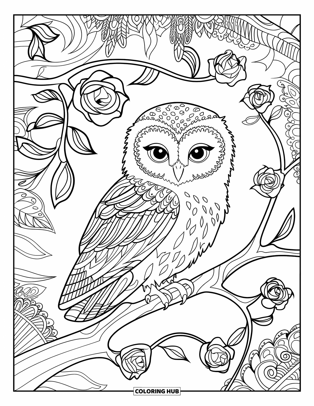 Baby Owl Coloring Page for Adults: Baby owl with tucked wings sits near stained-glass roses and detailed nature scenes