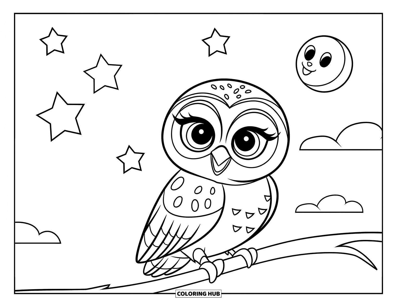 Baby Owl Coloring Page for Kids: Baby owl holds a branch under a sky full of stars and a smiling moon