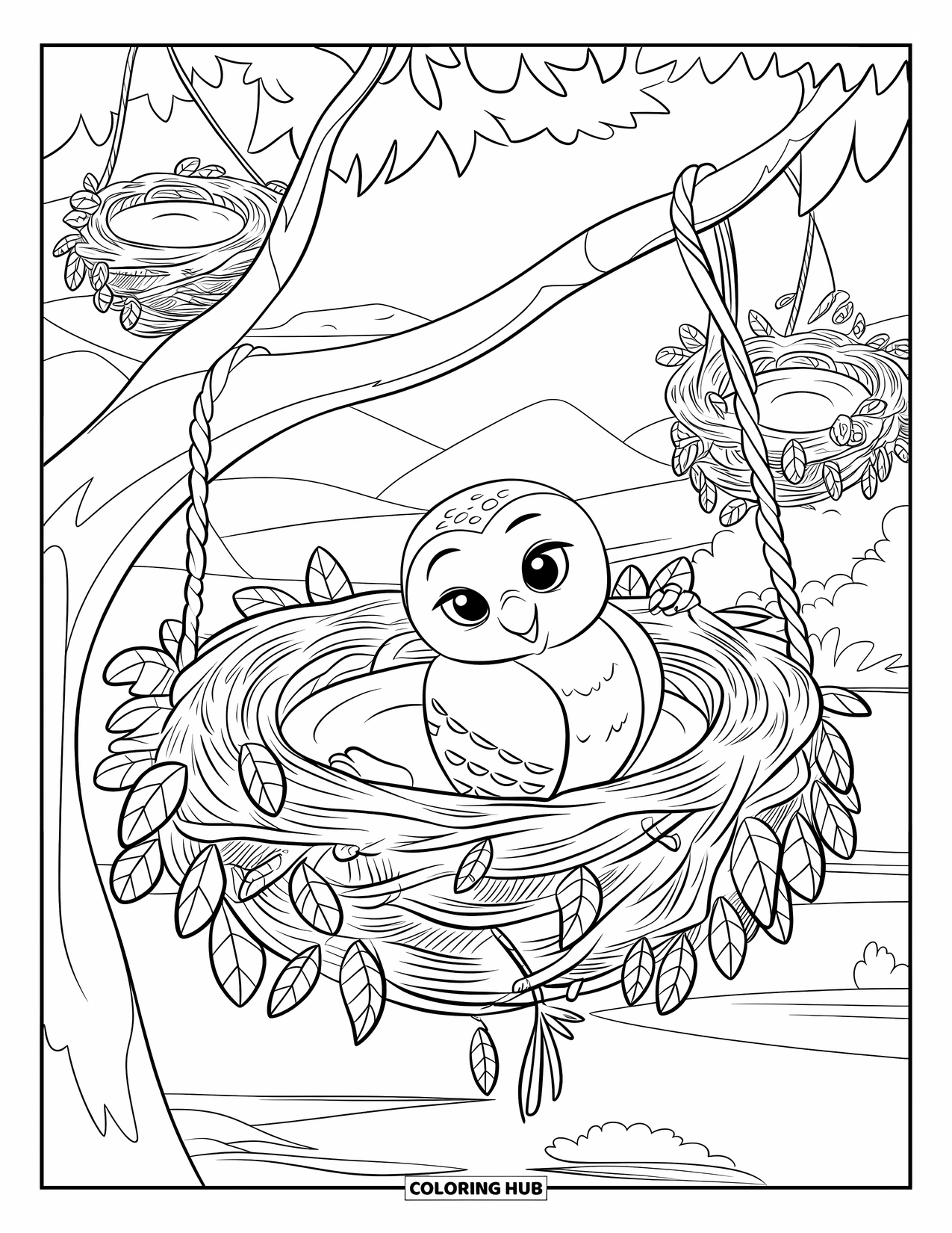 Baby Owl Coloring Page for Kids: Baby owl in a hanging nest with mountains and trees all around
