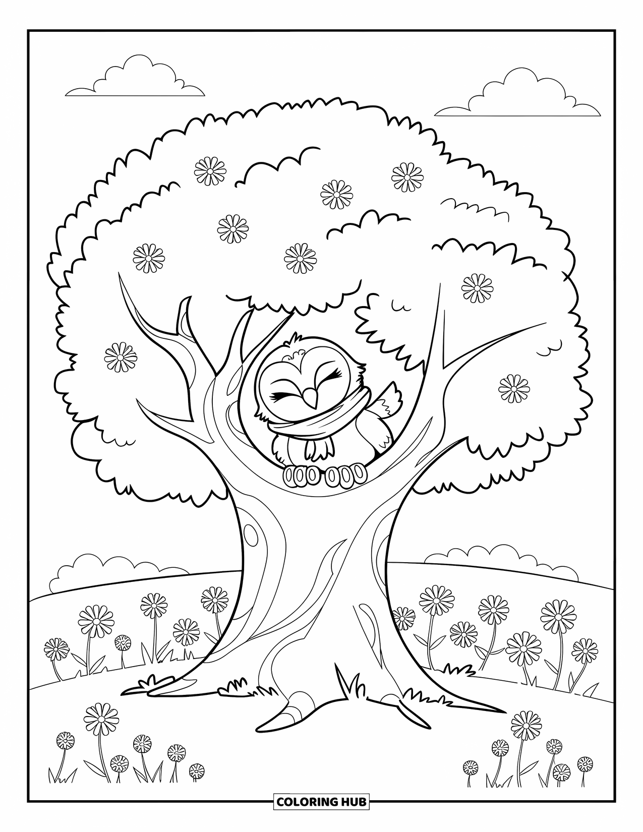 Baby Owl Coloring Page for Kids: Baby owl in a scarf relaxes in a tree near flowers and fluffy clouds