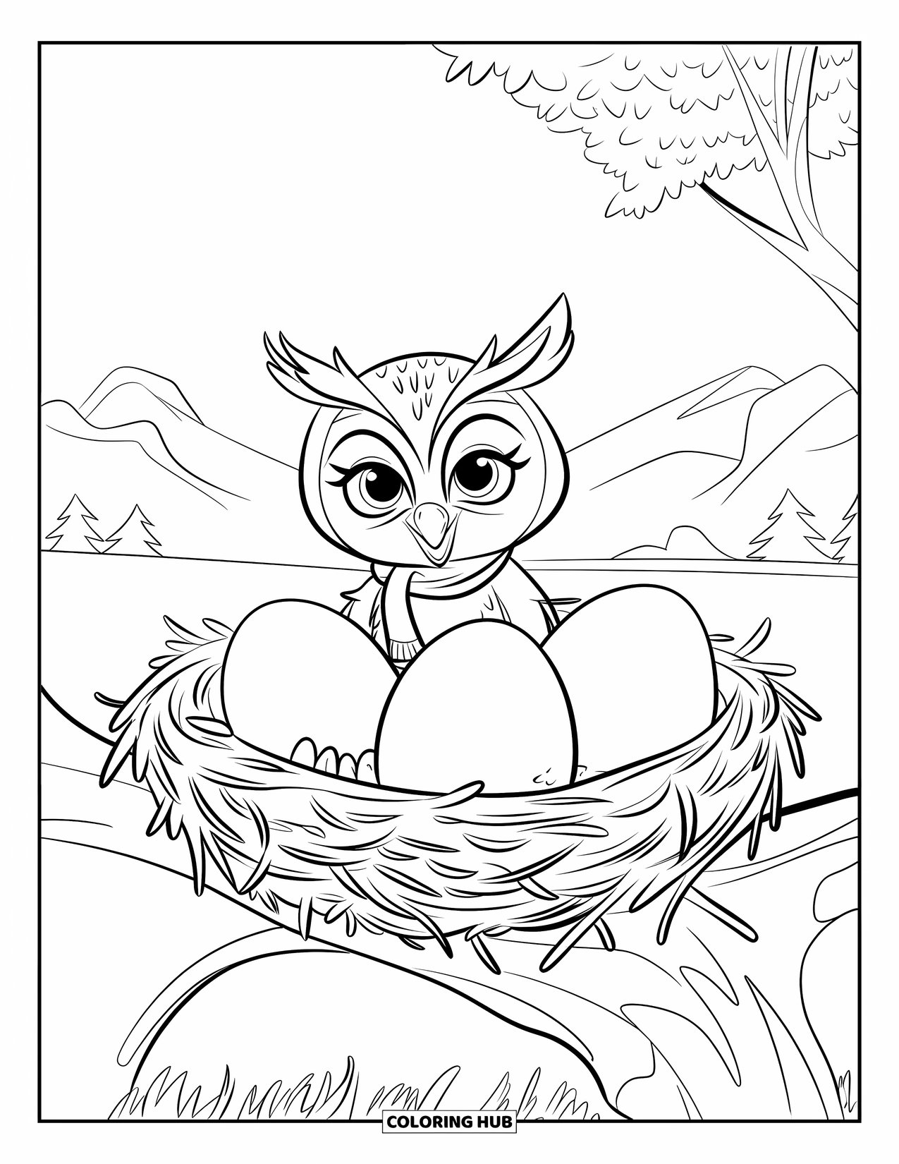 Baby Owl Coloring Page for Kids: Baby owl in a scarf rests in a nest with eggs near mountains and trees