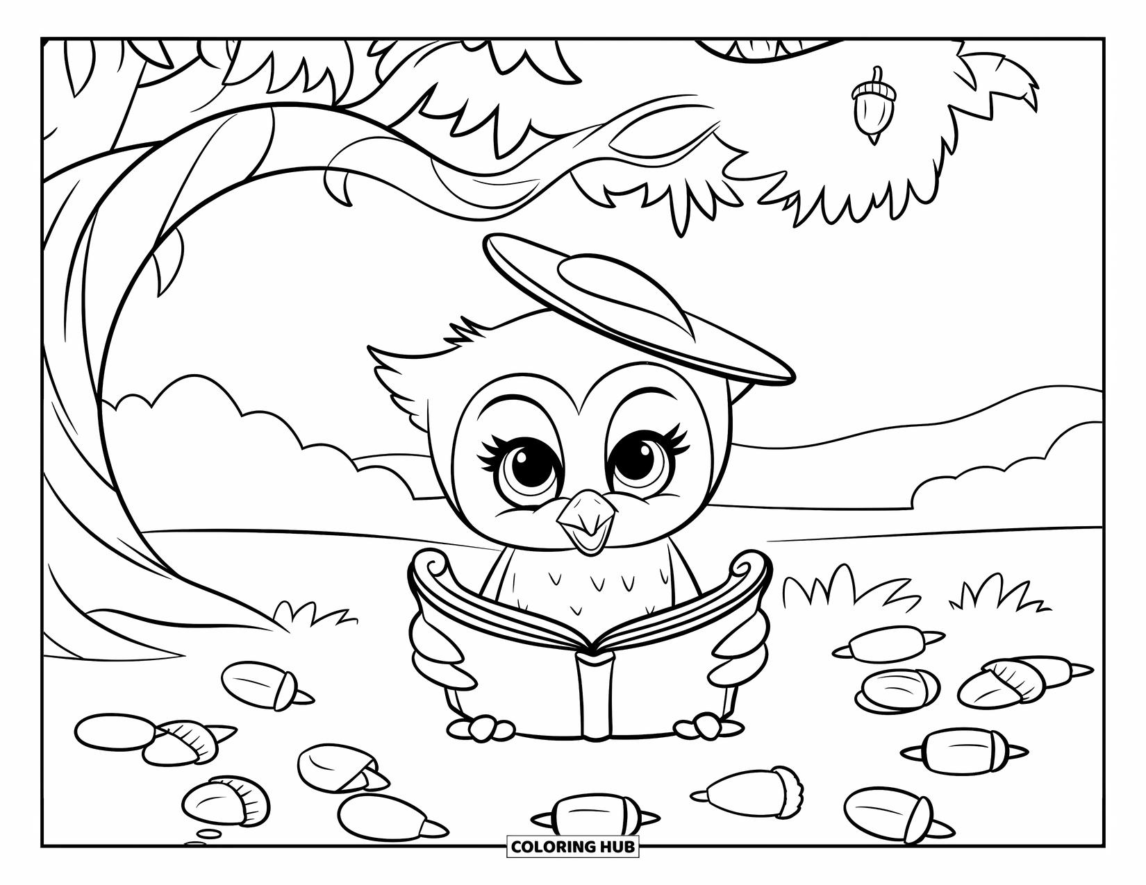 Baby Owl Coloring Page for Kids: Baby owl in a tiny hat reads a scroll under a tree with acorns