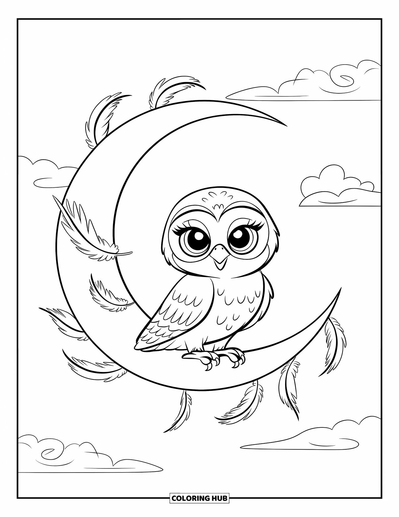 Baby Owl Coloring Page for Kids: Baby owl perches on a crescent moon floating in the sky