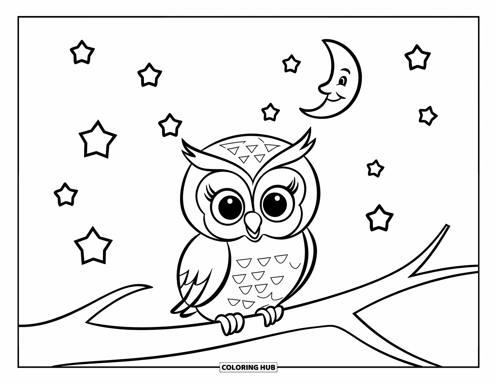 Baby Owl Coloring Page for Kids: Baby owl perches under cheerful stars and a smiling moon in the night sky