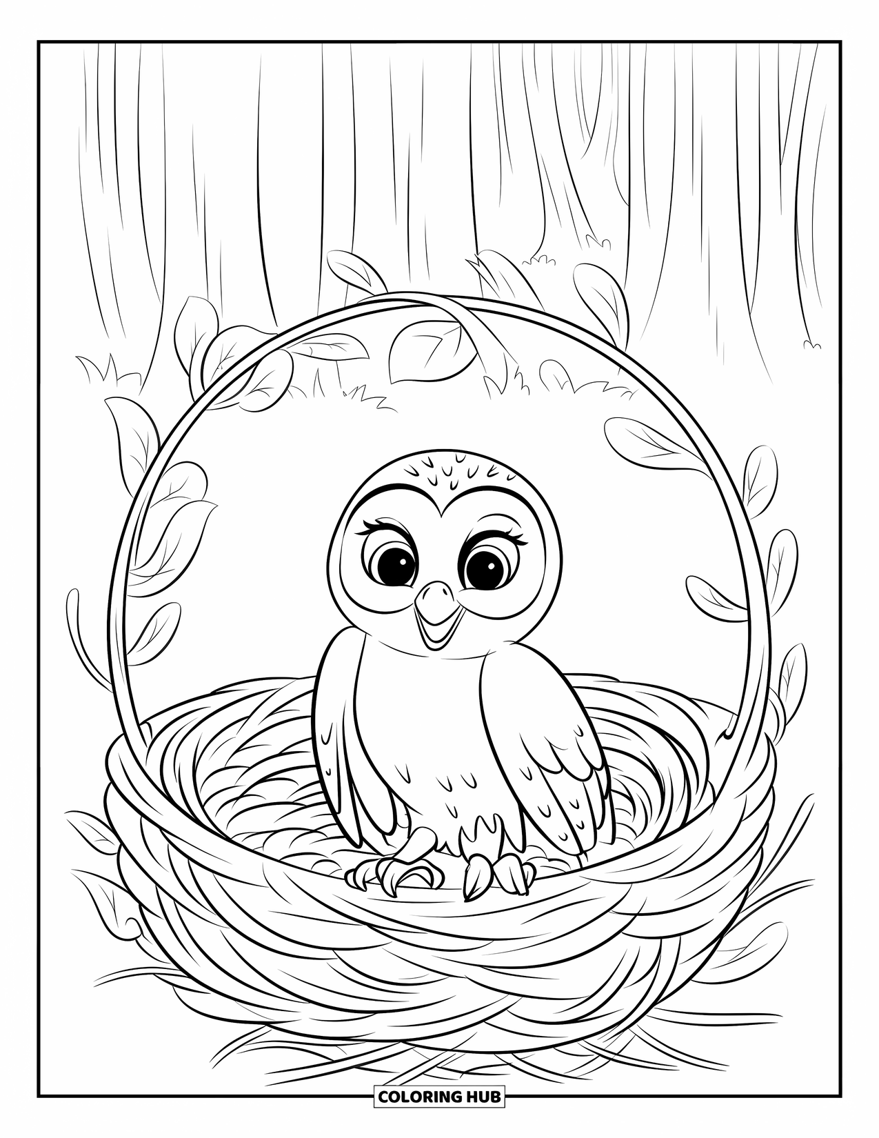 Baby Owl Coloring Page for Kids: Baby owl rests in a cozy nest of leaves and twigs
