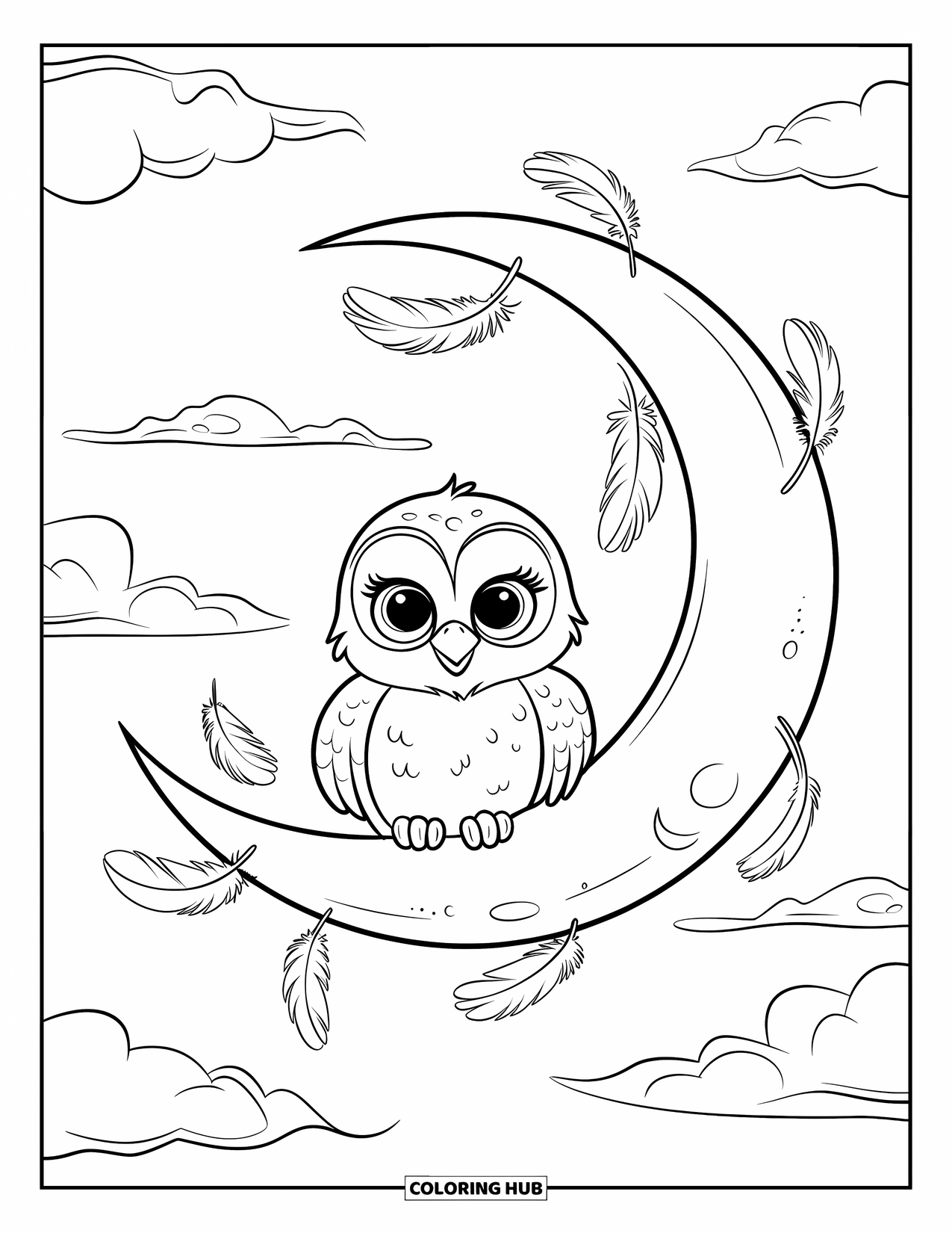 Baby Owl Coloring Page for Kids: Baby owl rests on a crescent moon with soft clouds around
