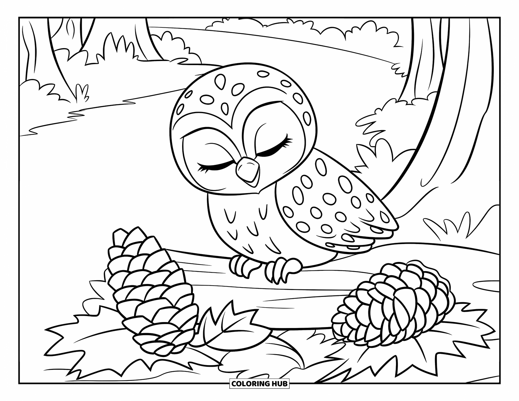 Baby Owl Coloring Page for Kids: Baby owl rests on a log surrounded by pinecones and autumn leaves