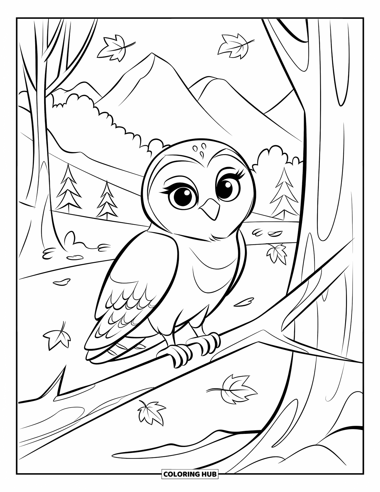 Baby Owl Coloring Page for Kids: Baby owl rests on a tree branch with fall leaves and distant mountains