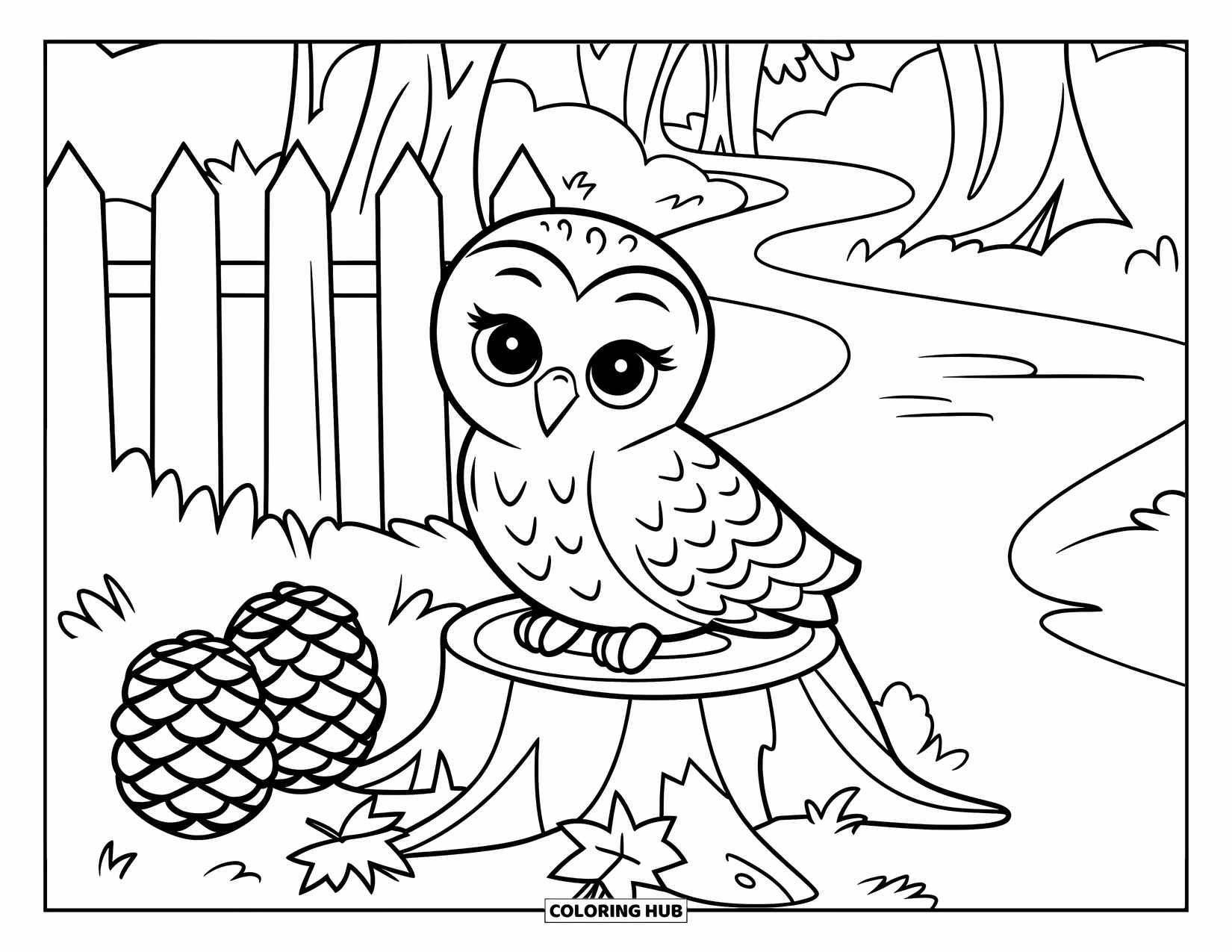 Baby Owl Coloring Page for Kids: Baby owl rests on a tree stump along a leaf-covered forest path