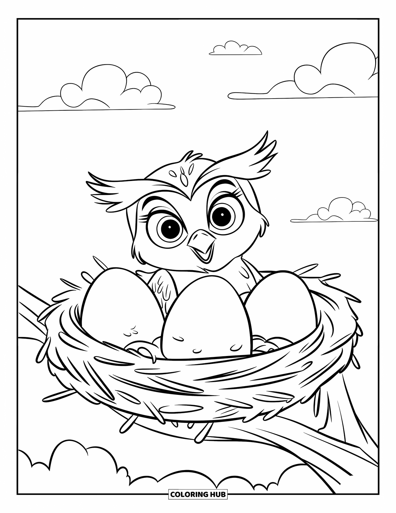 Baby Owl Coloring Page for Kids: Baby owl sits in a nest with three big eggs under a fluffy sky