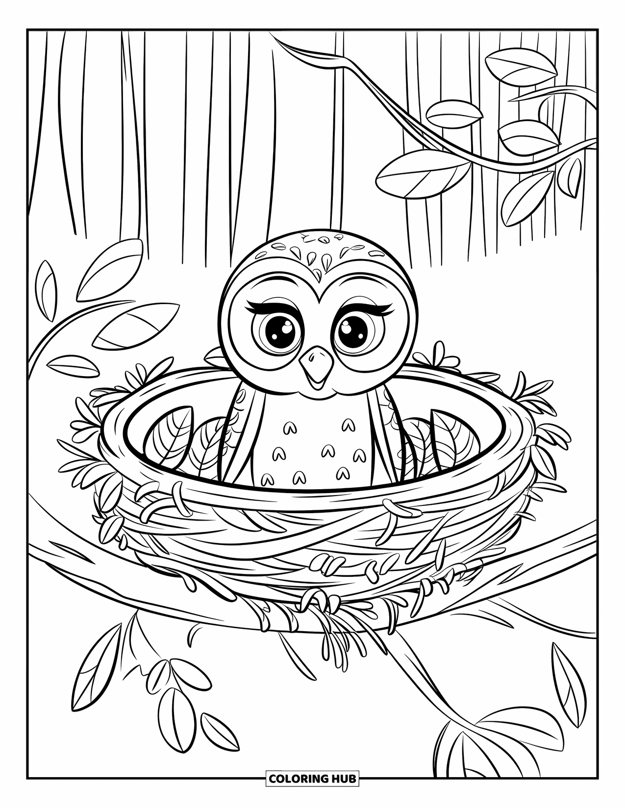 Baby Owl Coloring Page for Kids: Baby owl sits in a woven nest surrounded by tall trees