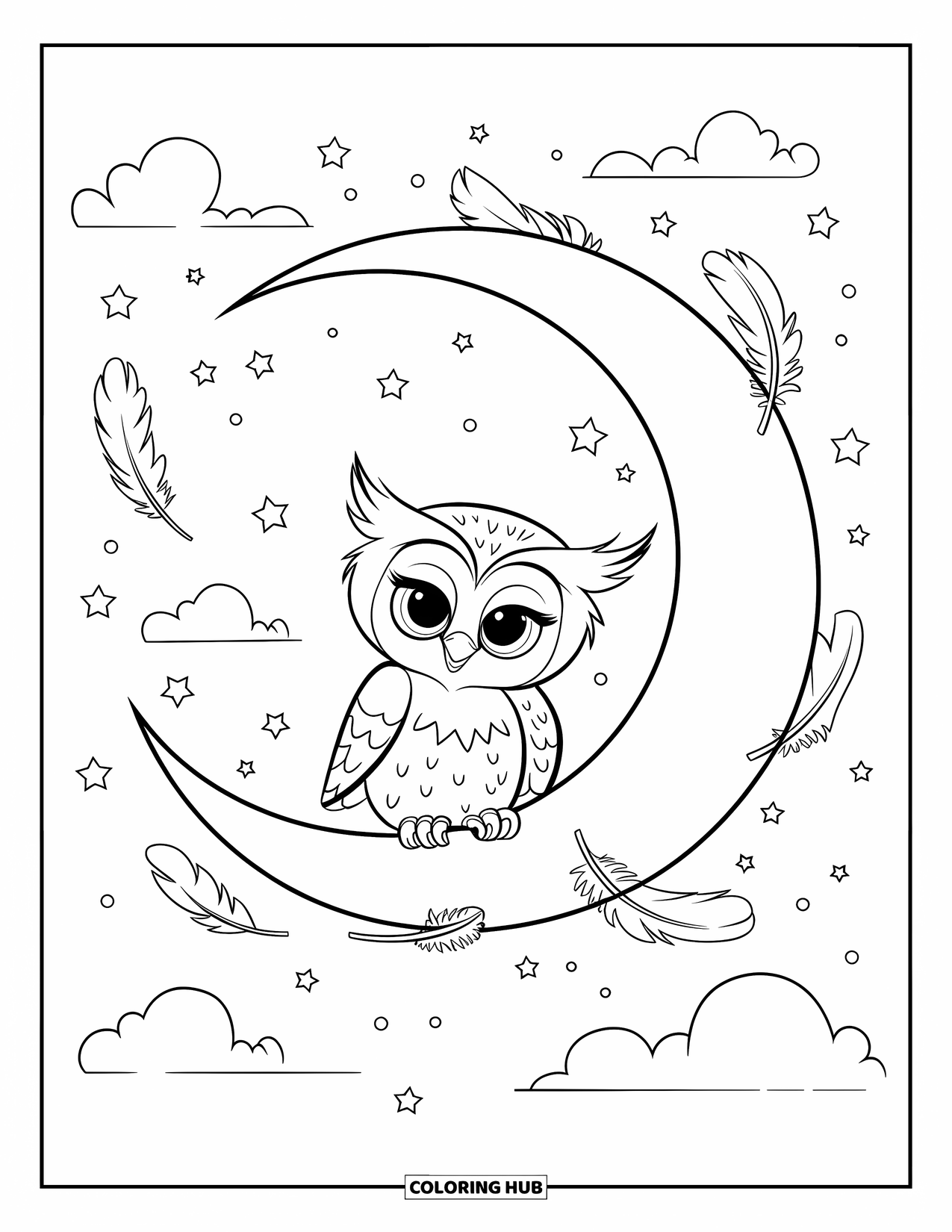 Baby Owl Coloring Page for Kids: Baby owl sits on a crescent moon surrounded by feathers and stars