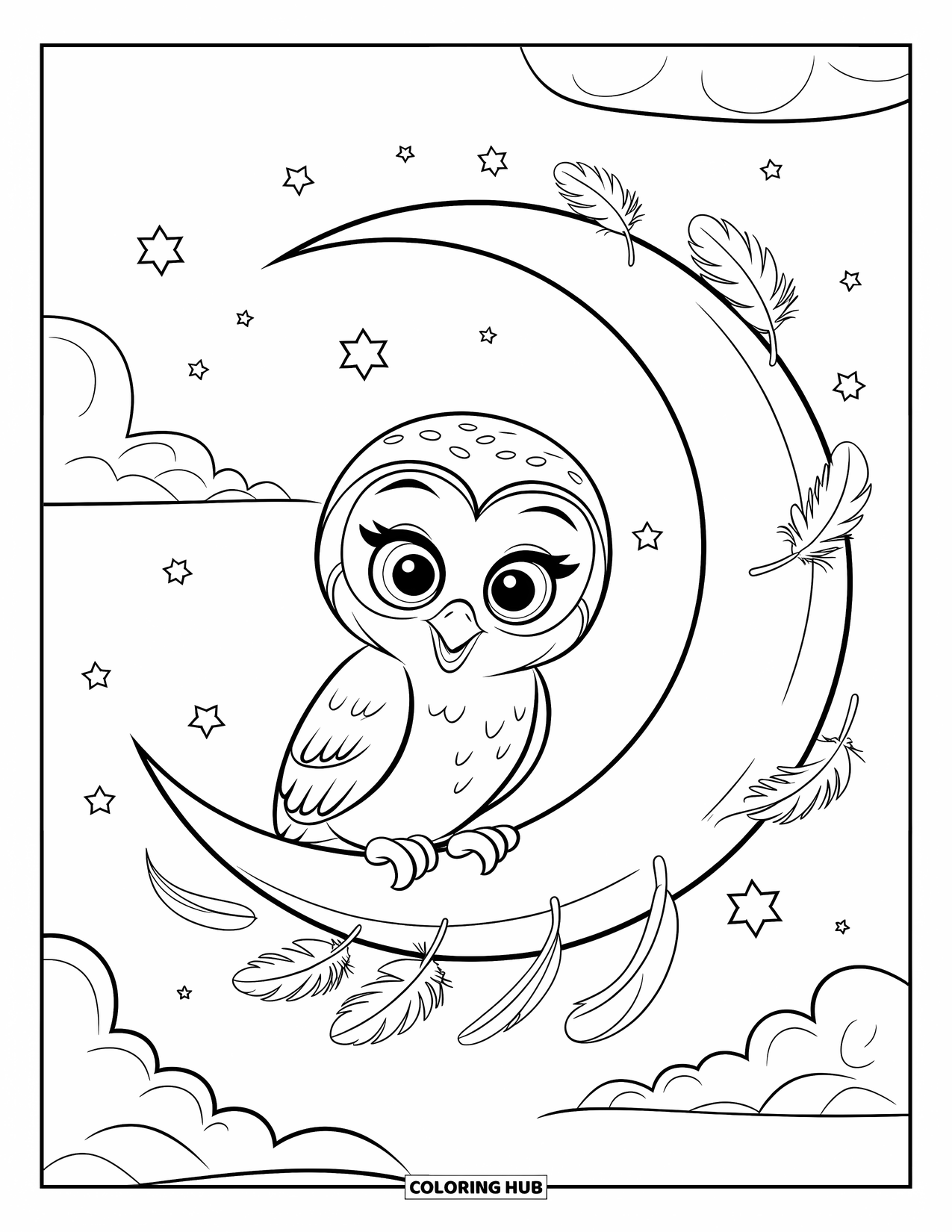 Baby Owl Coloring Page for Kids: Baby owl sits on a crescent moon with clouds and stars above