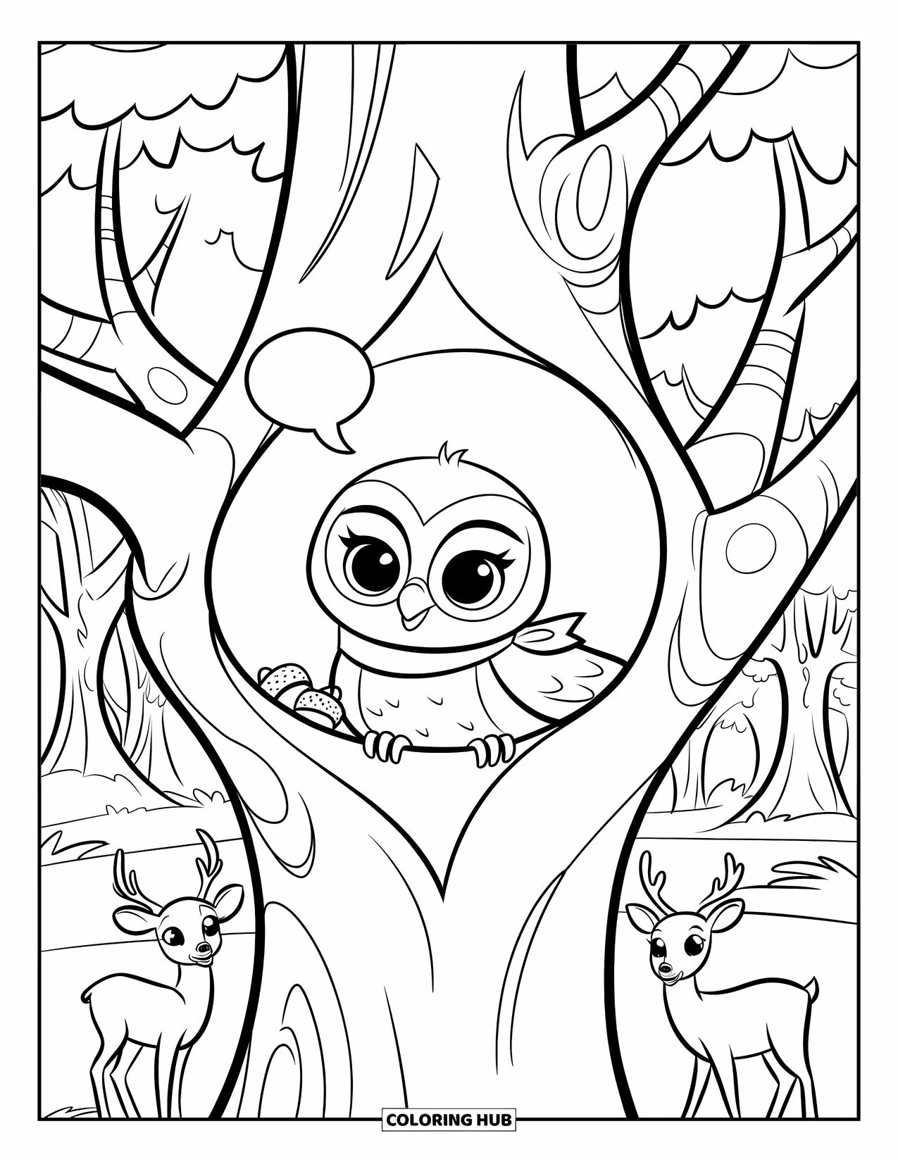 Baby Owl Coloring Page for Kids: Baby owl sits with acorns in a tree hollow beside deer and a speech bubble