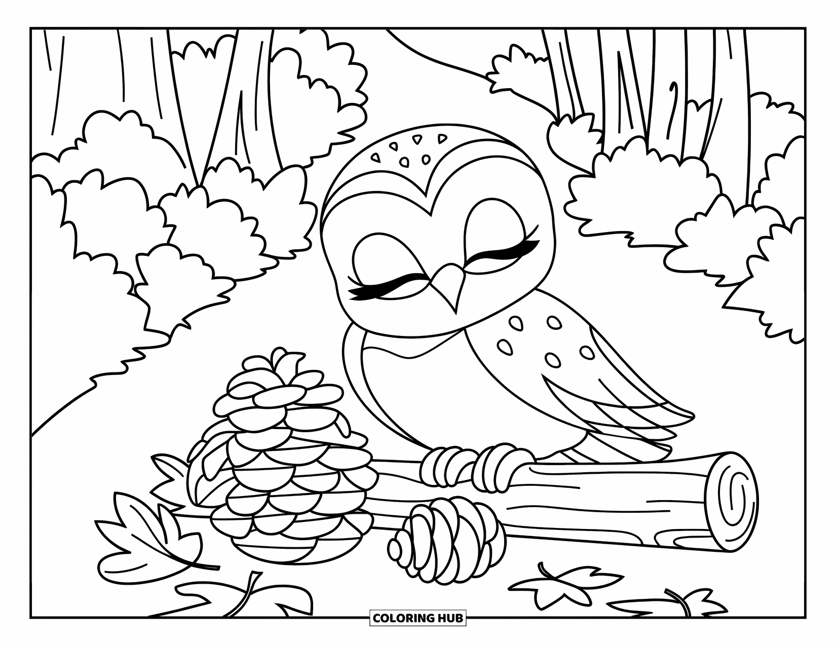 Baby Owl Coloring Page for Kids: Baby owl sleeps on a woodland trail covered in colorful autumn leaves