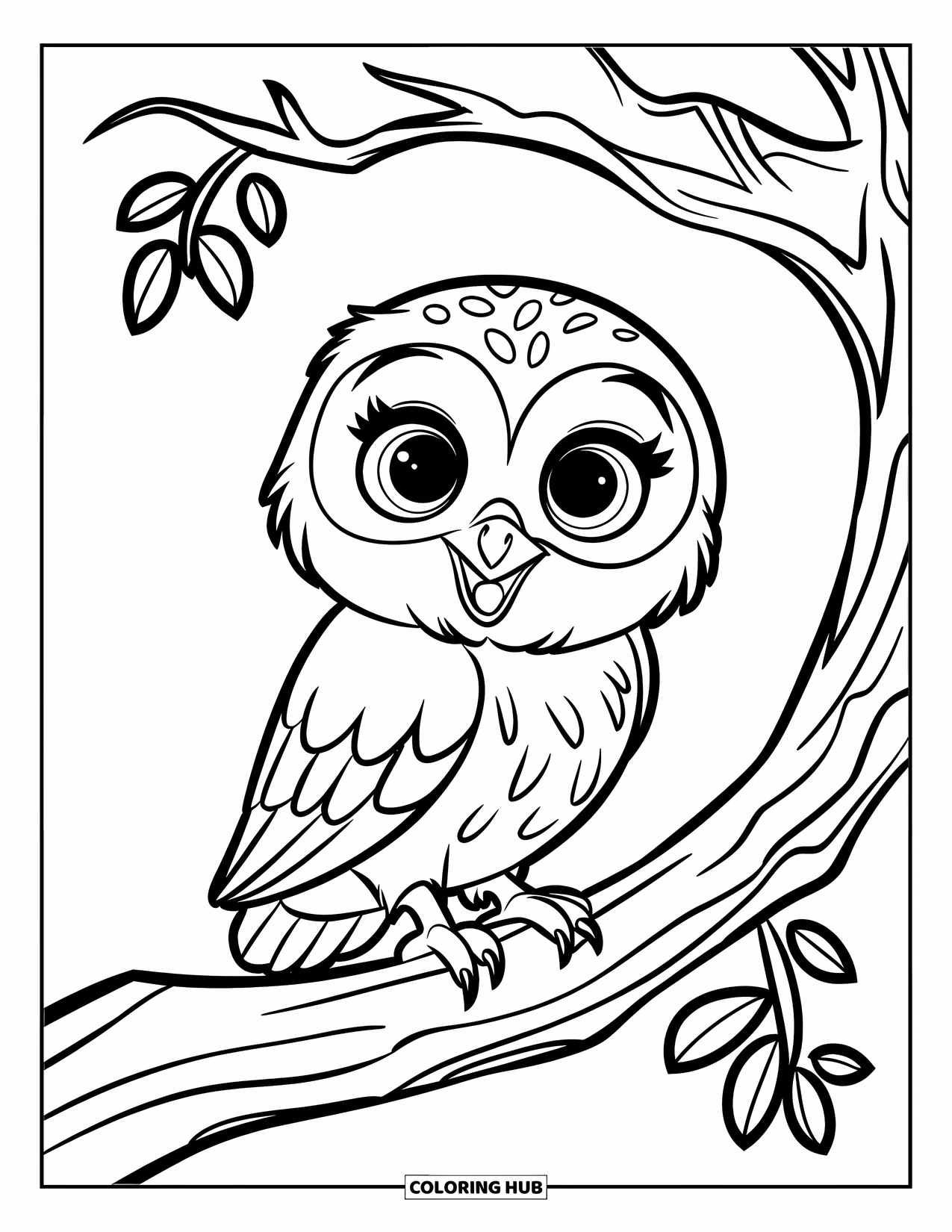 Baby Owl Coloring Page for Kids: Baby owl with wide eyes perches on a branch with a few simple leaves