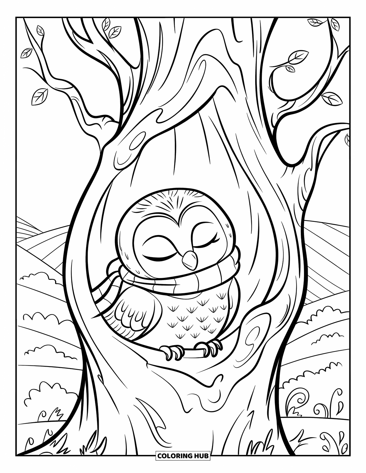 Baby Owl Coloring Page for Kids: Baby owl wrapped in a scarf naps in a tree surrounded by leaves