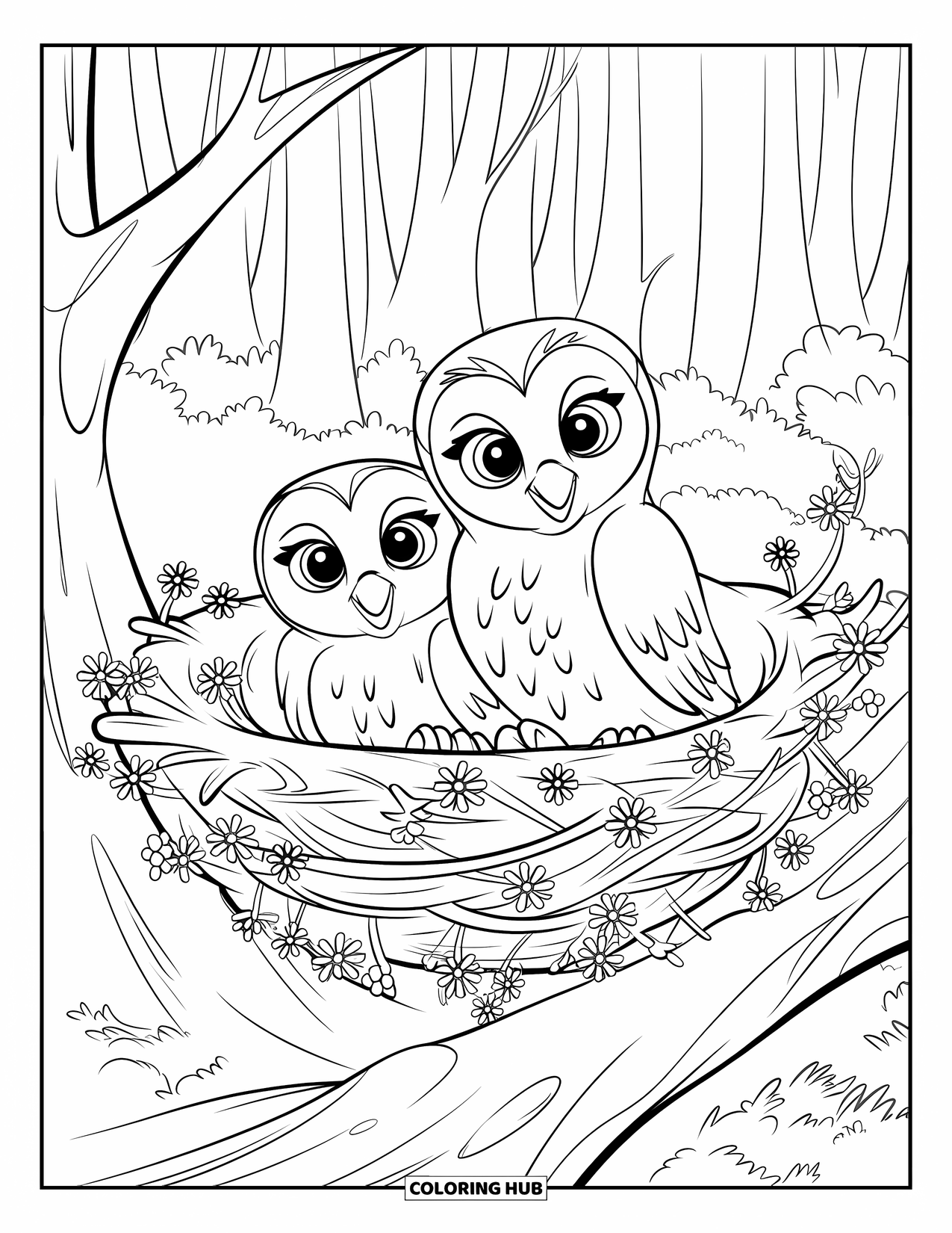 Baby Owl Coloring Page for Kids: Two baby owls cuddle in a twig nest above a mossy forest floor