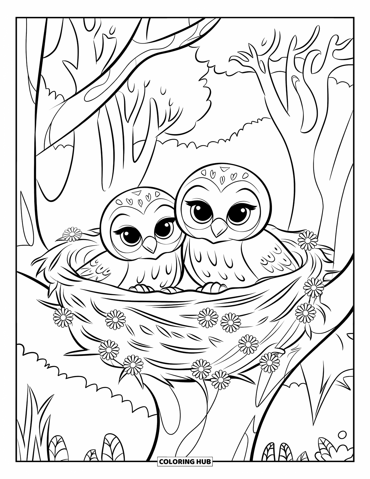 Baby Owl Coloring Page for Kids: Two baby owls rest in a nest nestled among tree flowers