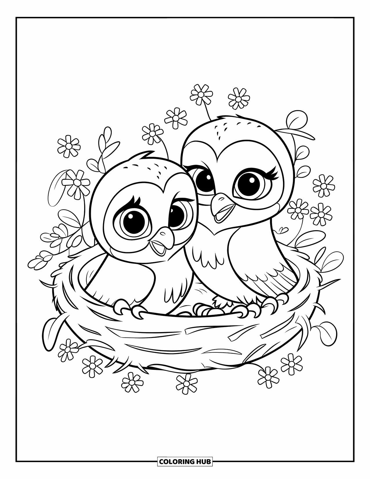 Baby Owl Coloring Page for Kids: Two baby owls snuggle in a nest with small forest flowers