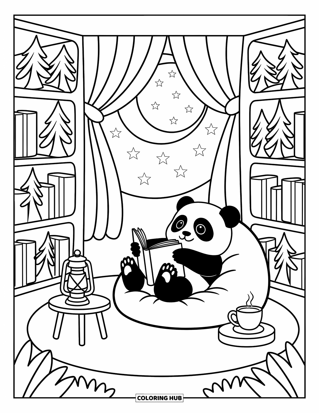 Baby Panda Coloring Page for Adults: A baby panda lounges with a book in a cozy forest library with tree-shaped shelves