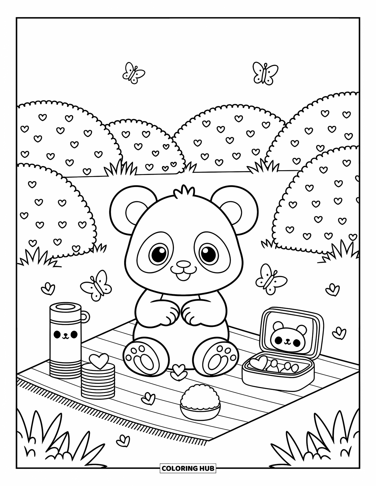 Baby Panda Coloring Page for Adults: A panda enjoys a picnic with bamboo sticks, heart snacks, and a smiling thermos