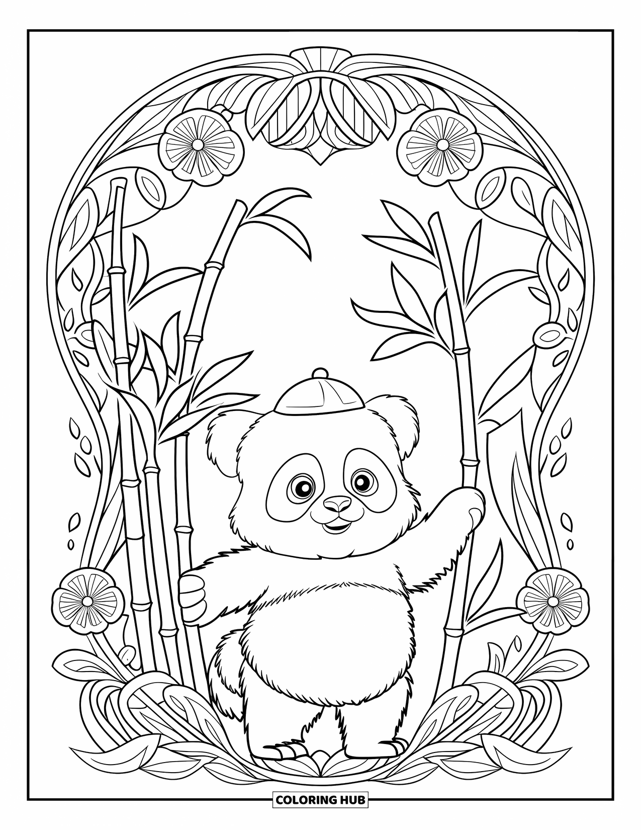 Baby Panda Coloring Page for Adults: A panda in a small hat stands by bamboo in a scene filled with flowers