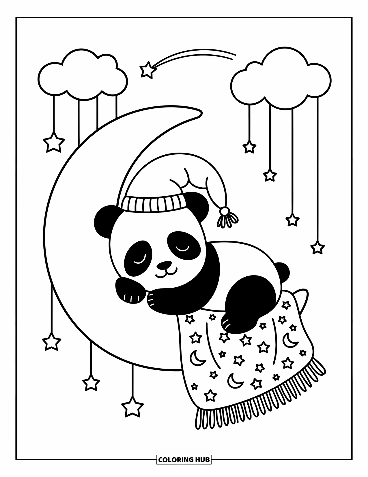 Baby Panda Coloring Page for Adults: A panda naps on a crescent moon with stars, clouds, and a tiny shooting star