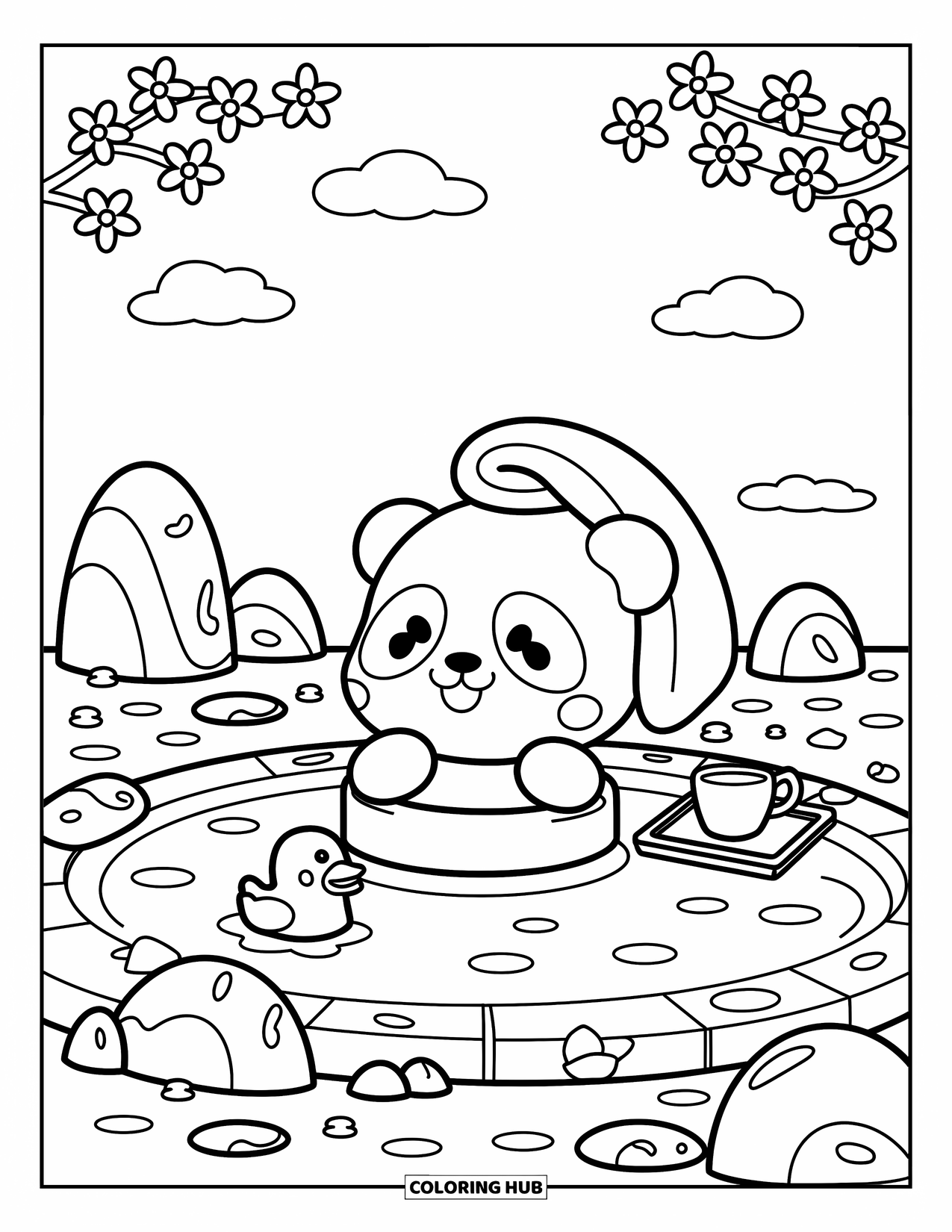 Baby Panda Coloring Page for Adults: A panda relaxes in a hot spring with tea, mochi, and a duck toy