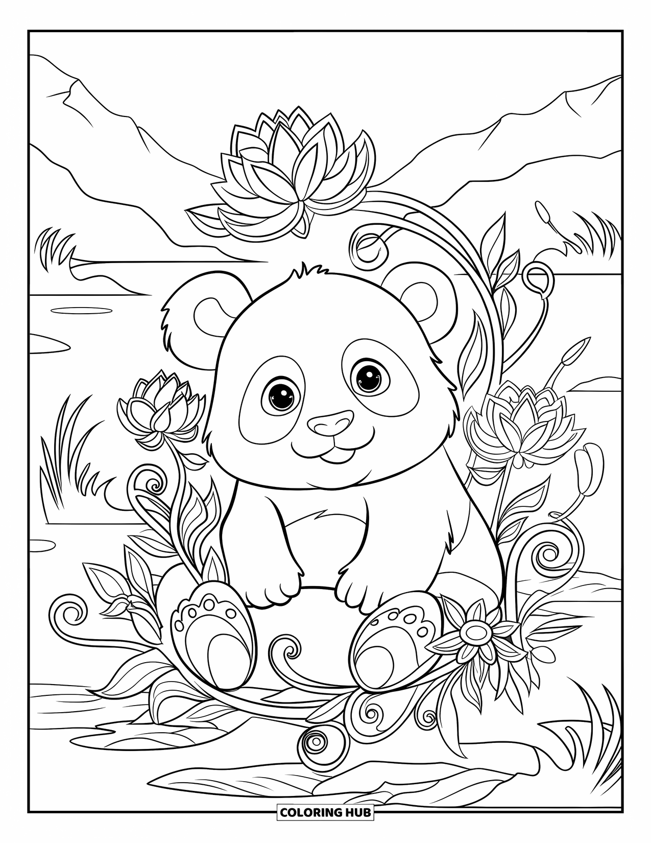 Baby Panda Coloring Page for Adults: A panda sits among swirling vines and blooming lotus flowers beside a quiet pond