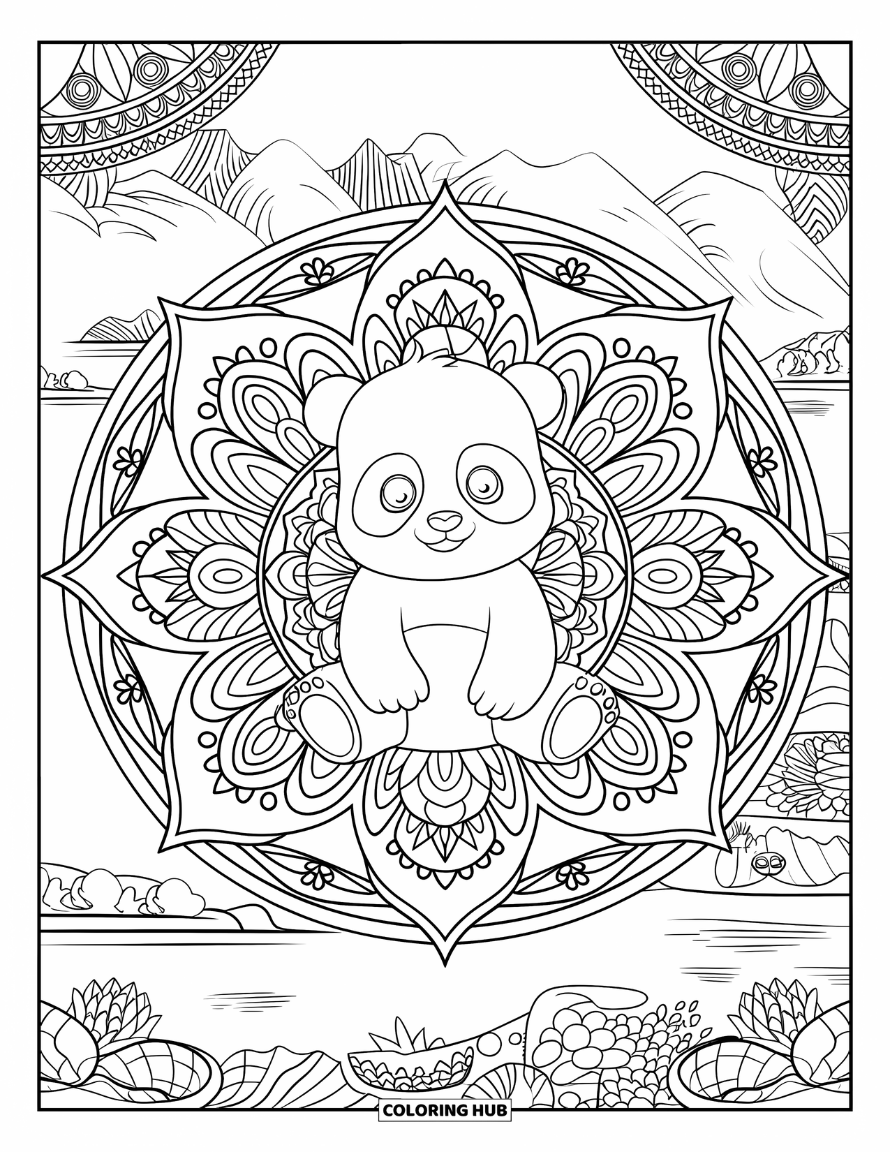 Baby Panda Coloring Page for Adults: A panda sits in the center of a floral mandala with mountains and trees behind