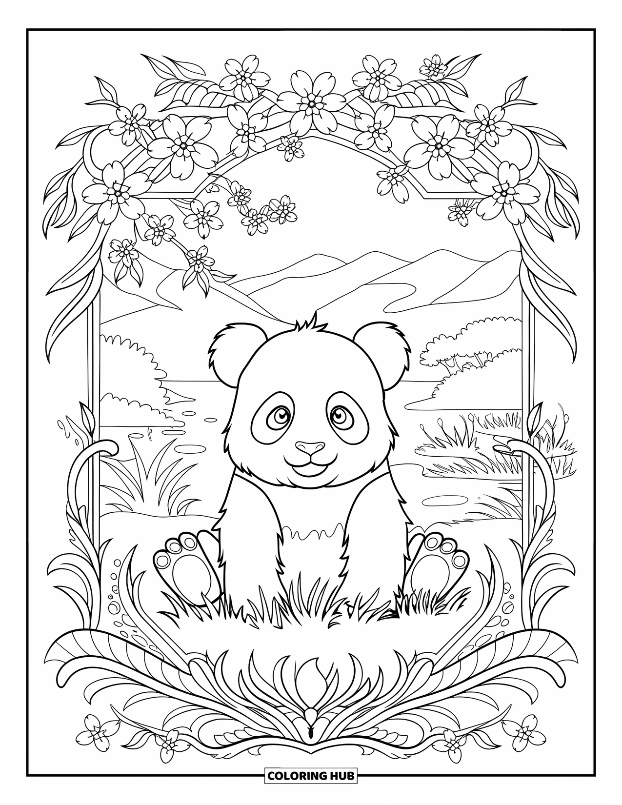 Baby Panda Coloring Page for Adults: A panda sits surrounded by cherry blossoms and a detailed mountain and water landscape